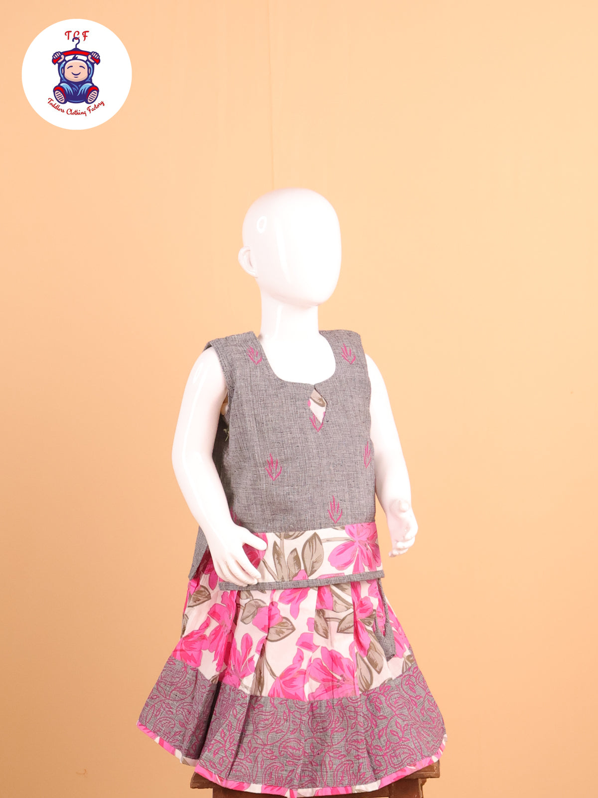 Grey & Pink Floral - Cotton Pavadai Sattai