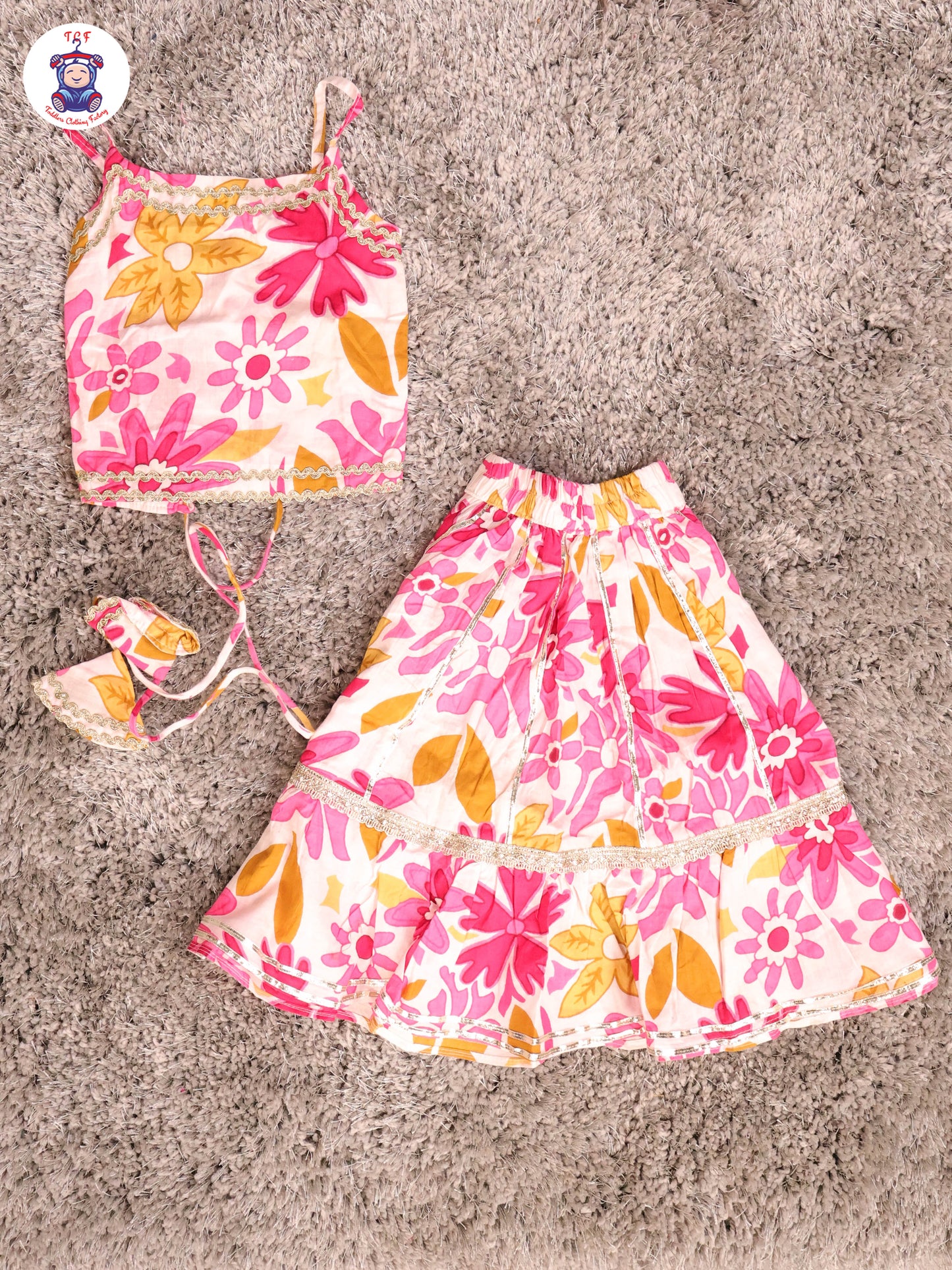 Pink & White - Floral Printed Girls Lehenga Choli