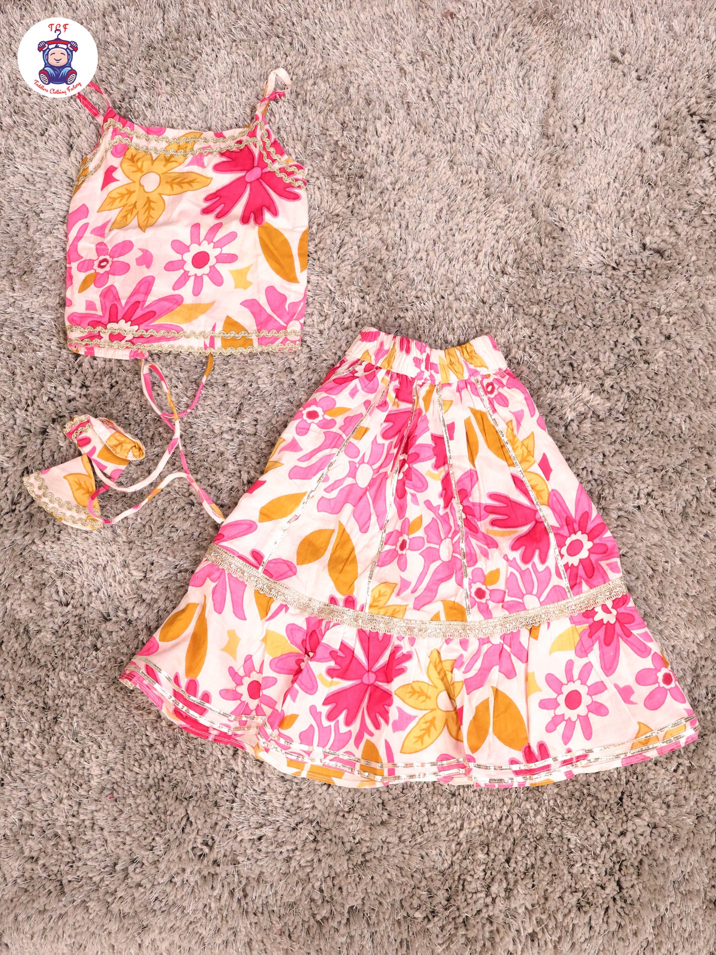 Pink & White - Floral Printed Girls Lehenga Choli