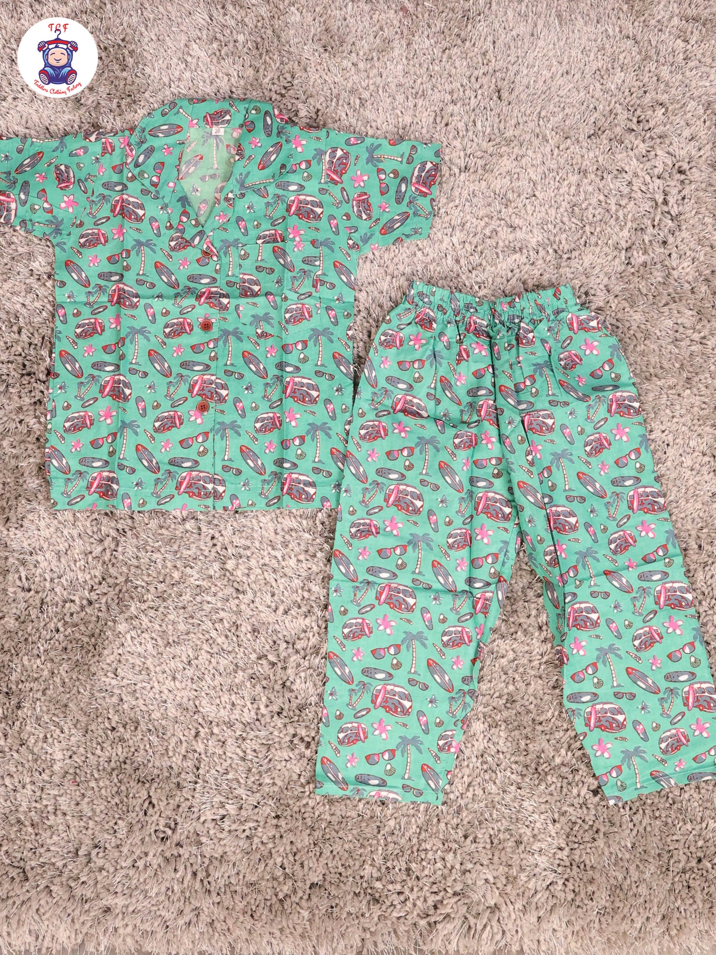 Green & Pink - Flower Boys Readymade Cotton Shirts & Pant