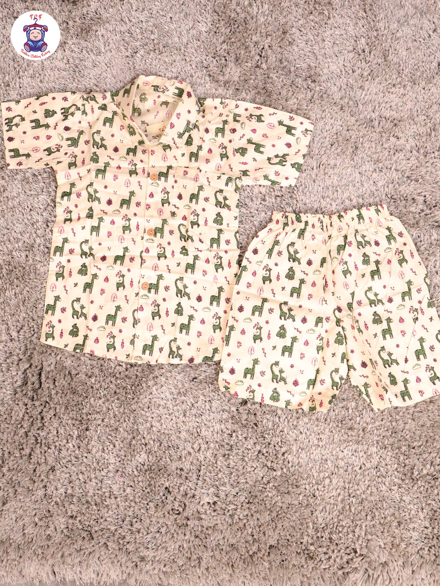 Cream & Green - Zebras Boys Readymade Cotton Shirts & Shorts