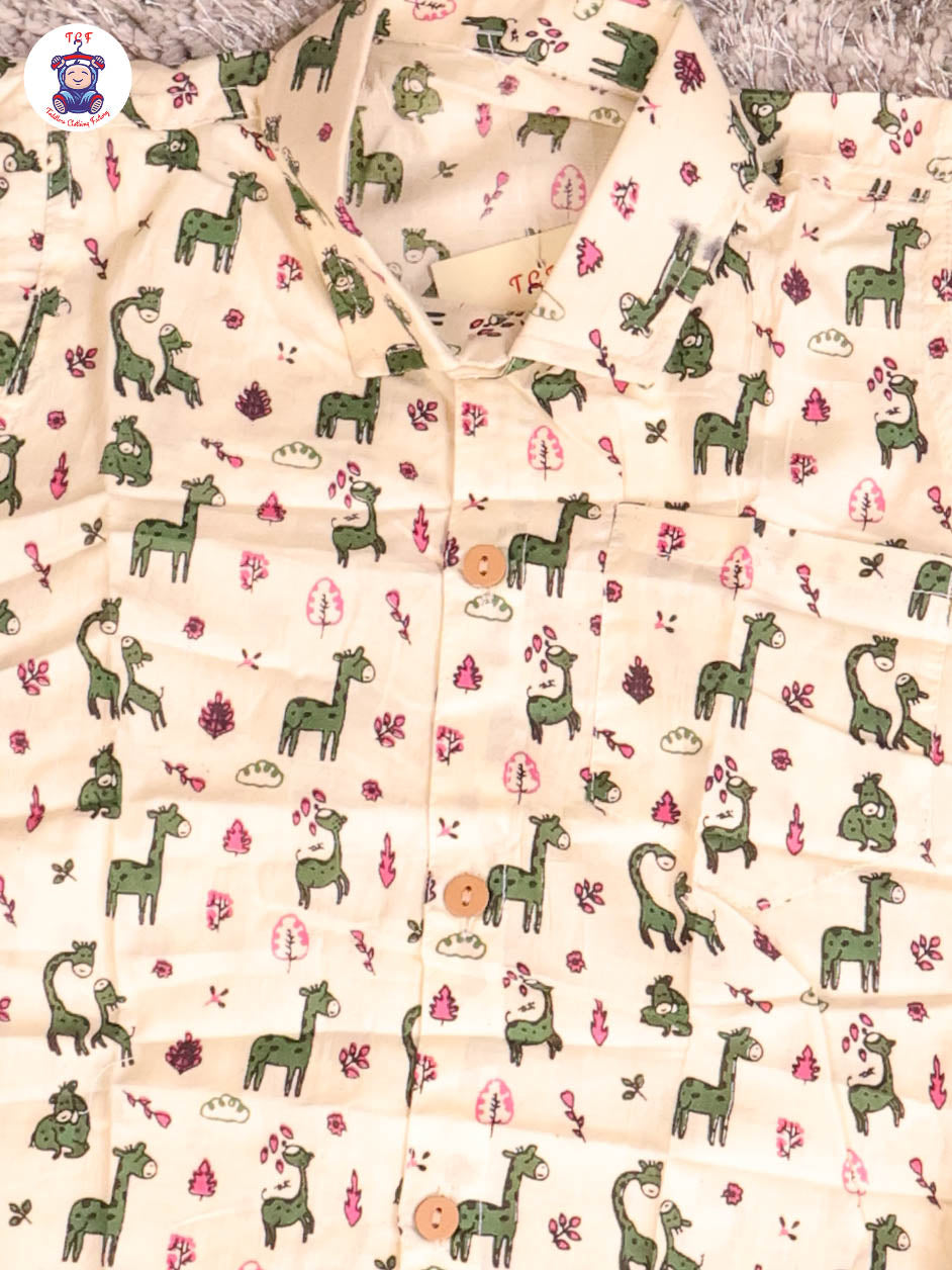 Cream & Green - Zebras Boys Readymade Cotton Shirts & Shorts
