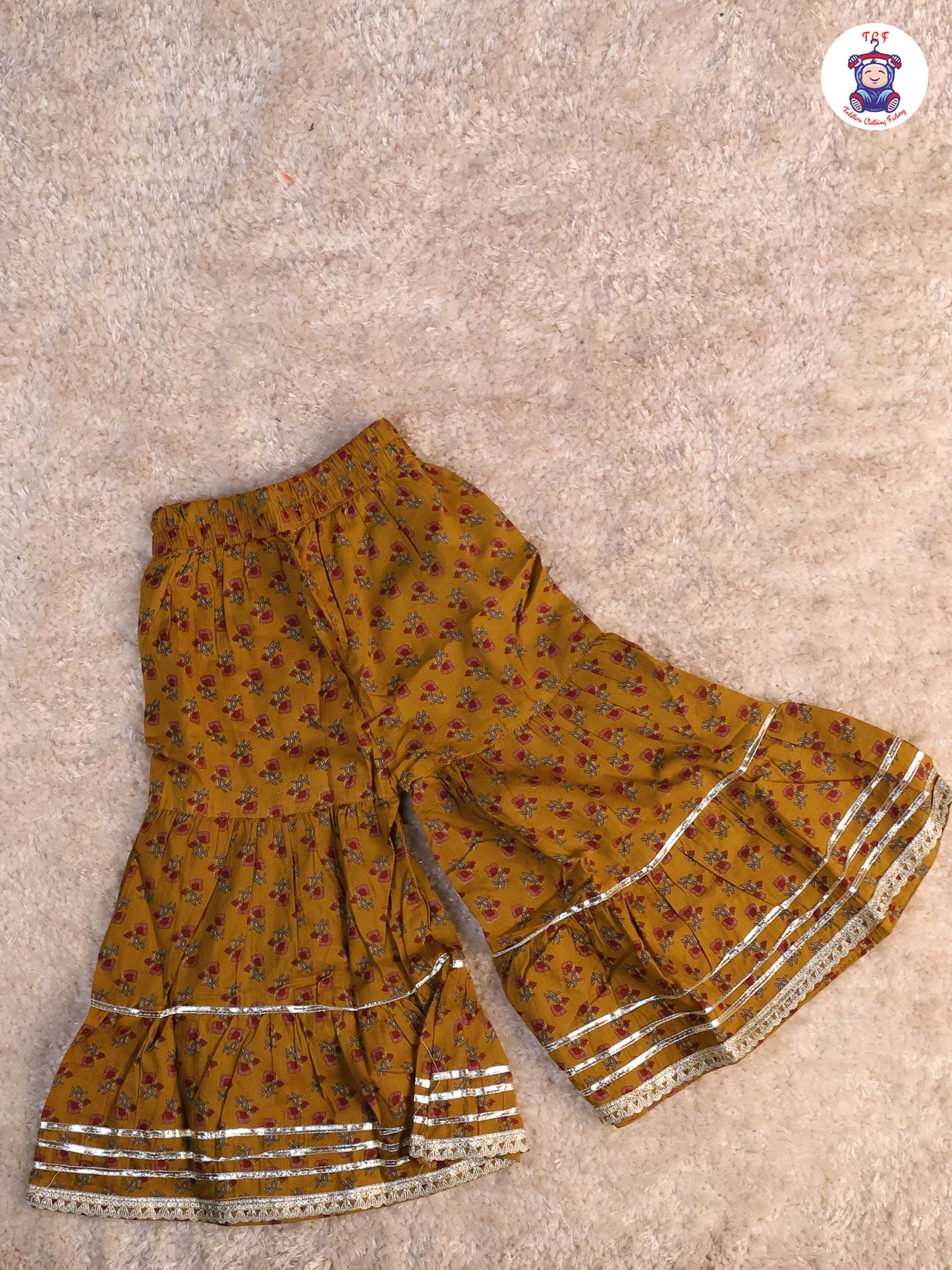 Mustard & Red - Floral Printed Anarkali Kurti With Sharara