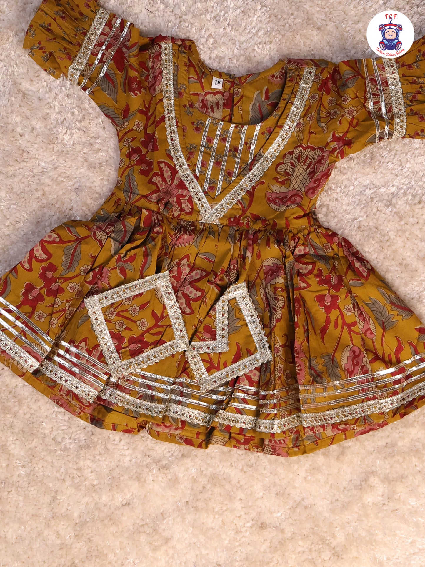 Mustard & Red - Floral Printed Anarkali Kurti With Sharara