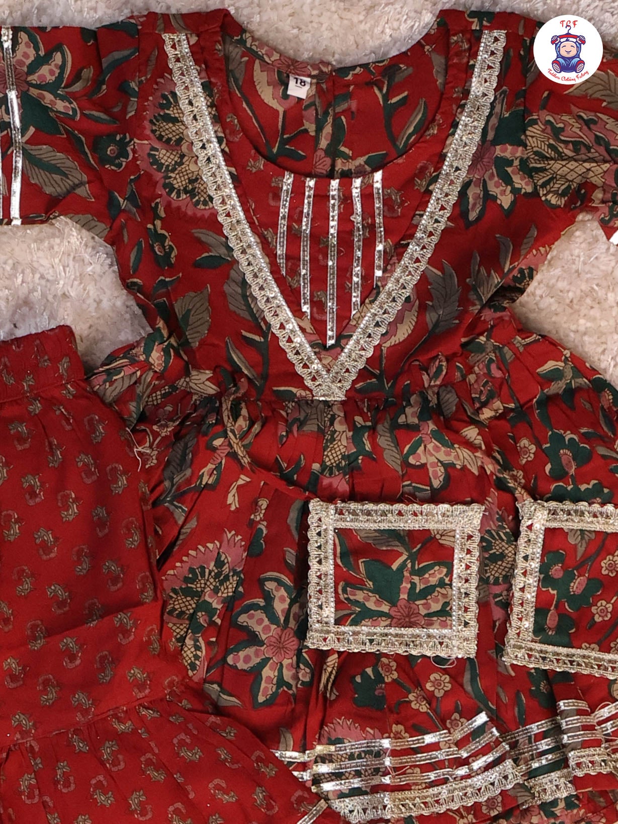 Red & Green - Floral Printed Anarkali Kurti With Sharara