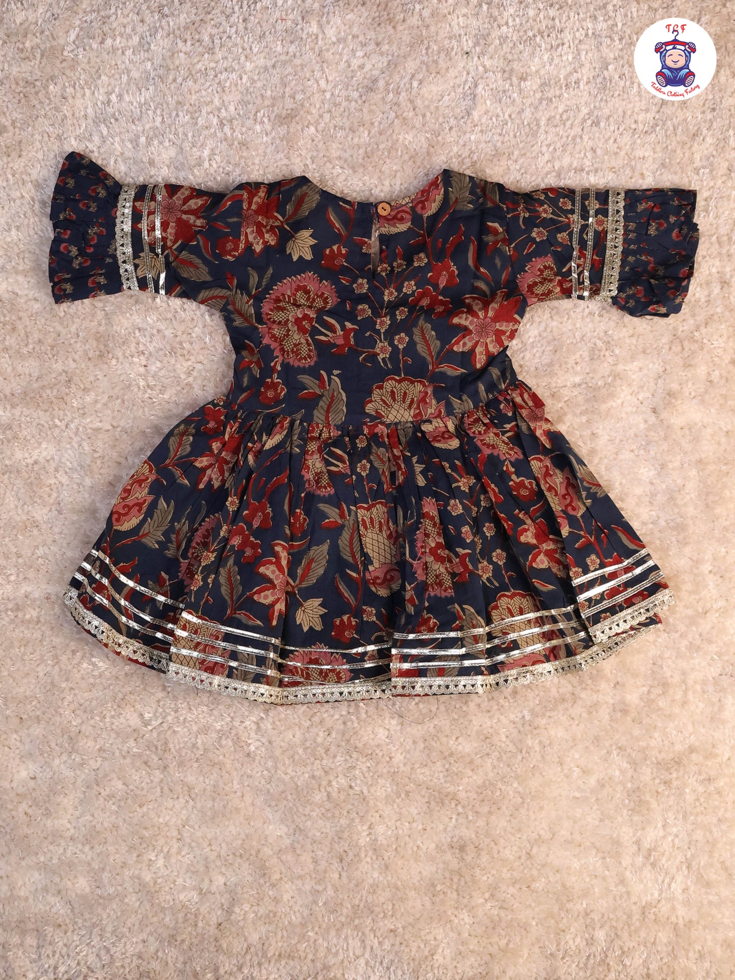 Navy Blue & Red - Floral Printed Anarkali Kurti With Sharara