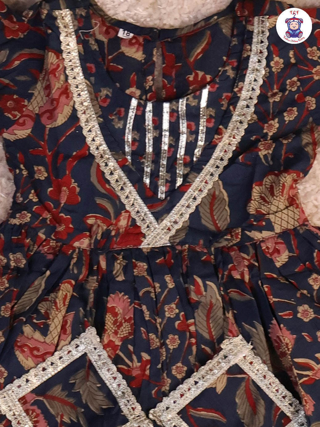 Navy Blue & Red - Floral Printed Anarkali Kurti With Sharara