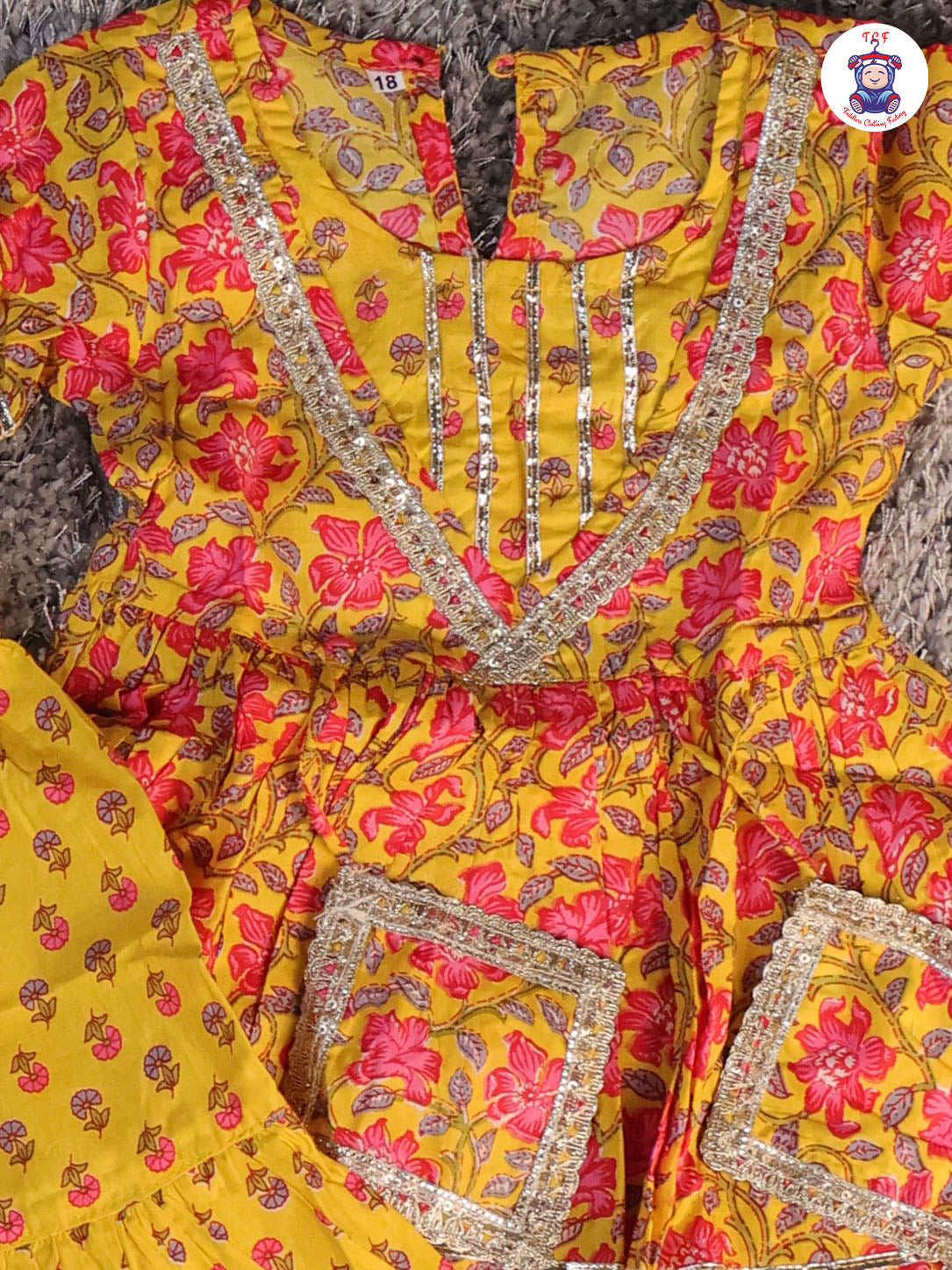 Yellow & Pink - Floral Printed Anarkali Kurti With Sharara