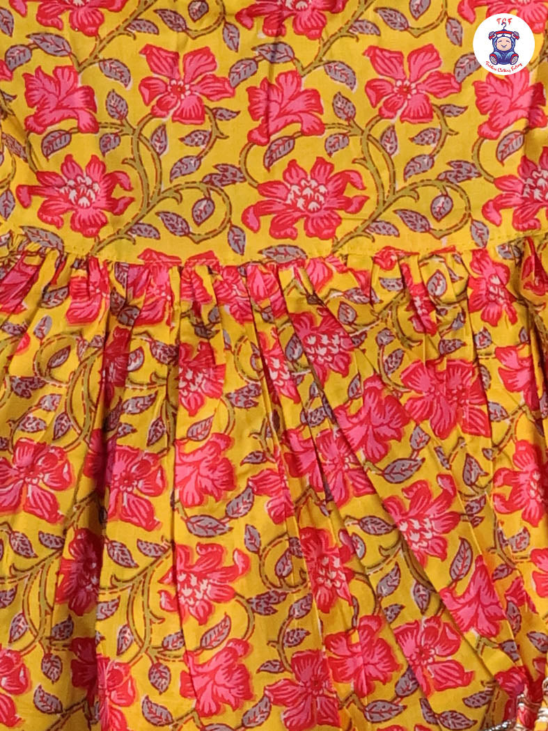 Yellow & Pink - Floral Printed Anarkali Kurti With Sharara