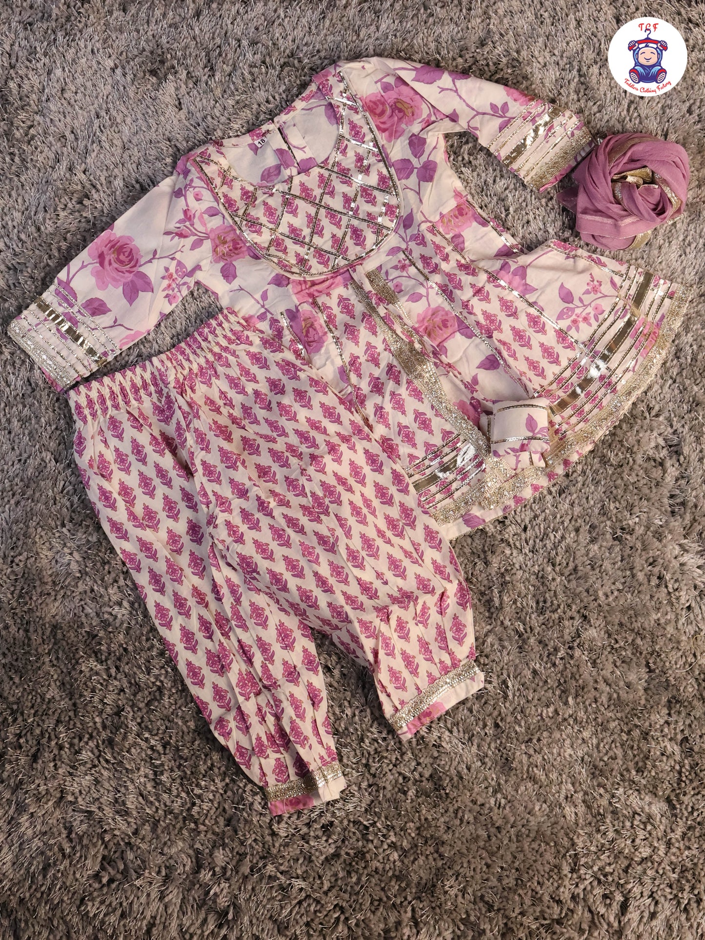 White & Lavender - Floral Printed Afgani Kurti With Pant And Dupatta