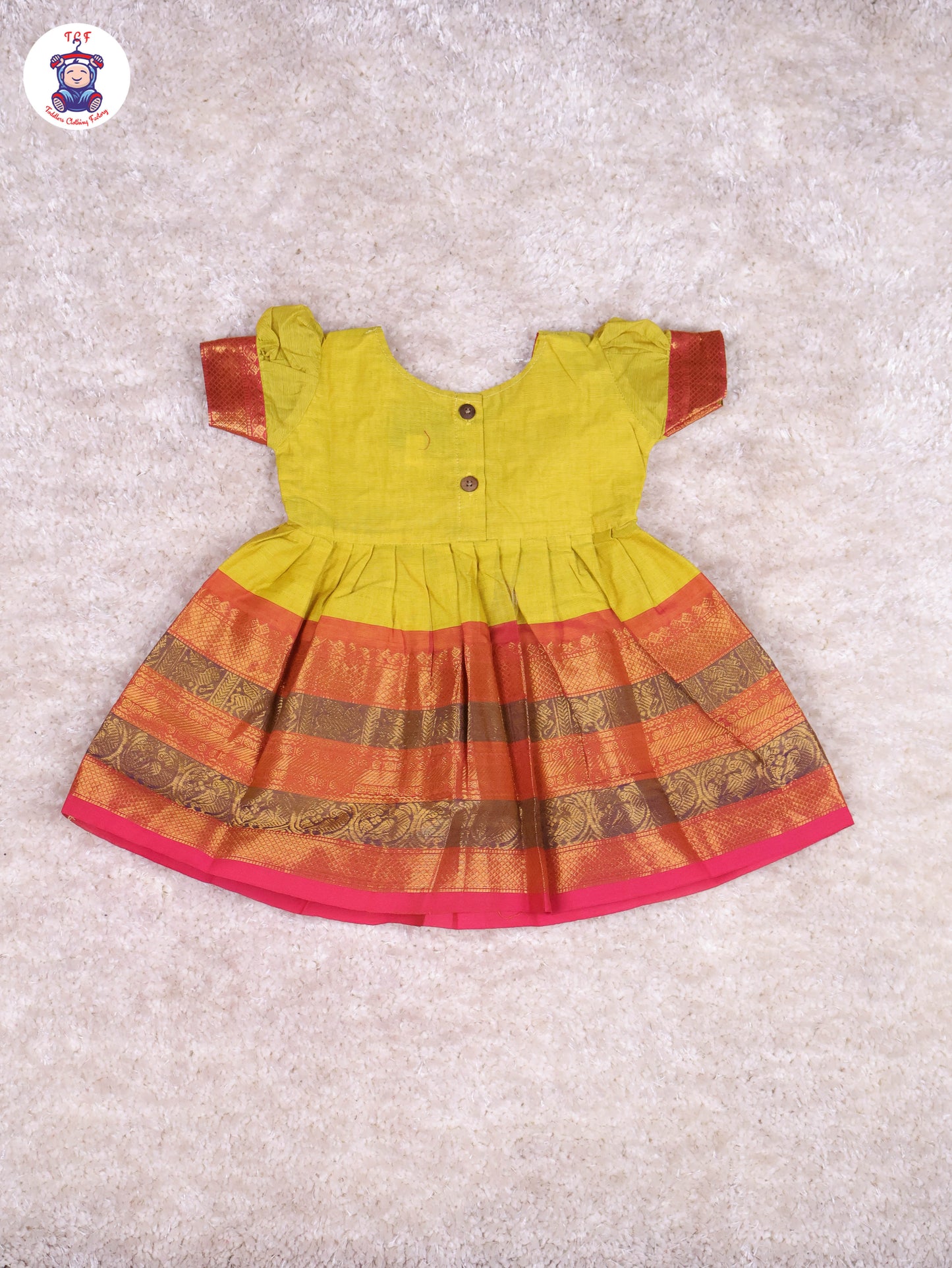 Lime Yellow & Maroon - Girls Chettinad Cotton Pan Collor Frock
