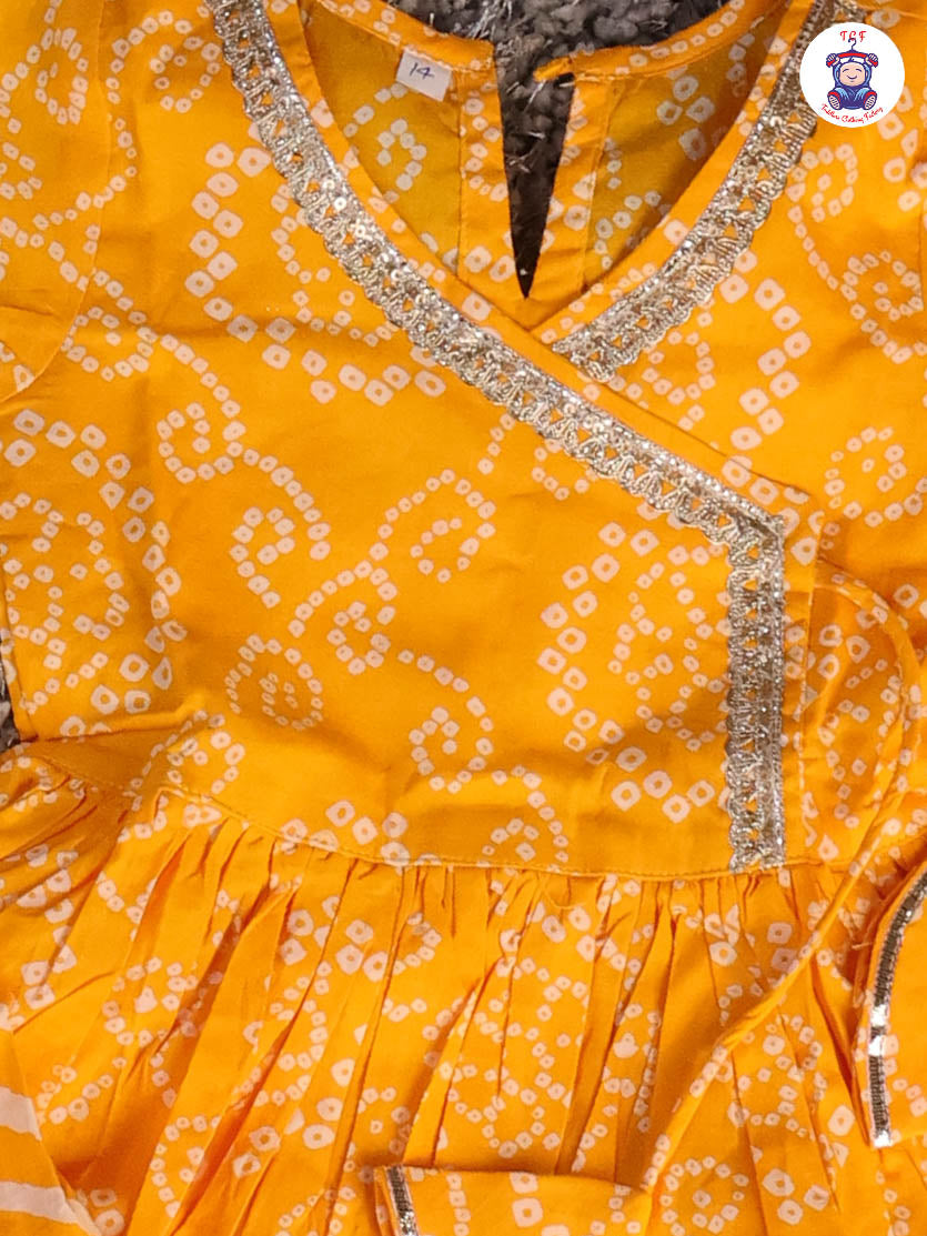Dark Yellow - Printed Girls Angrakha Kurti