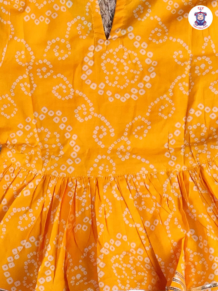 Dark Yellow - Printed Girls Angrakha Kurti