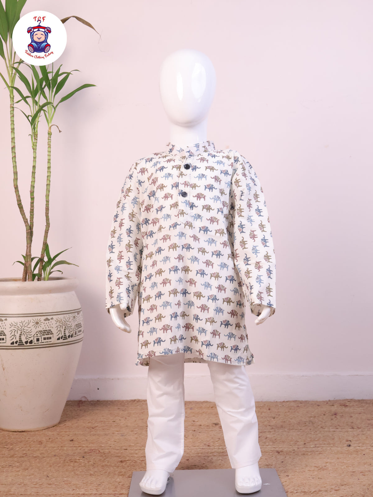 Brown - Boys Elephant Printed Kurta Sets