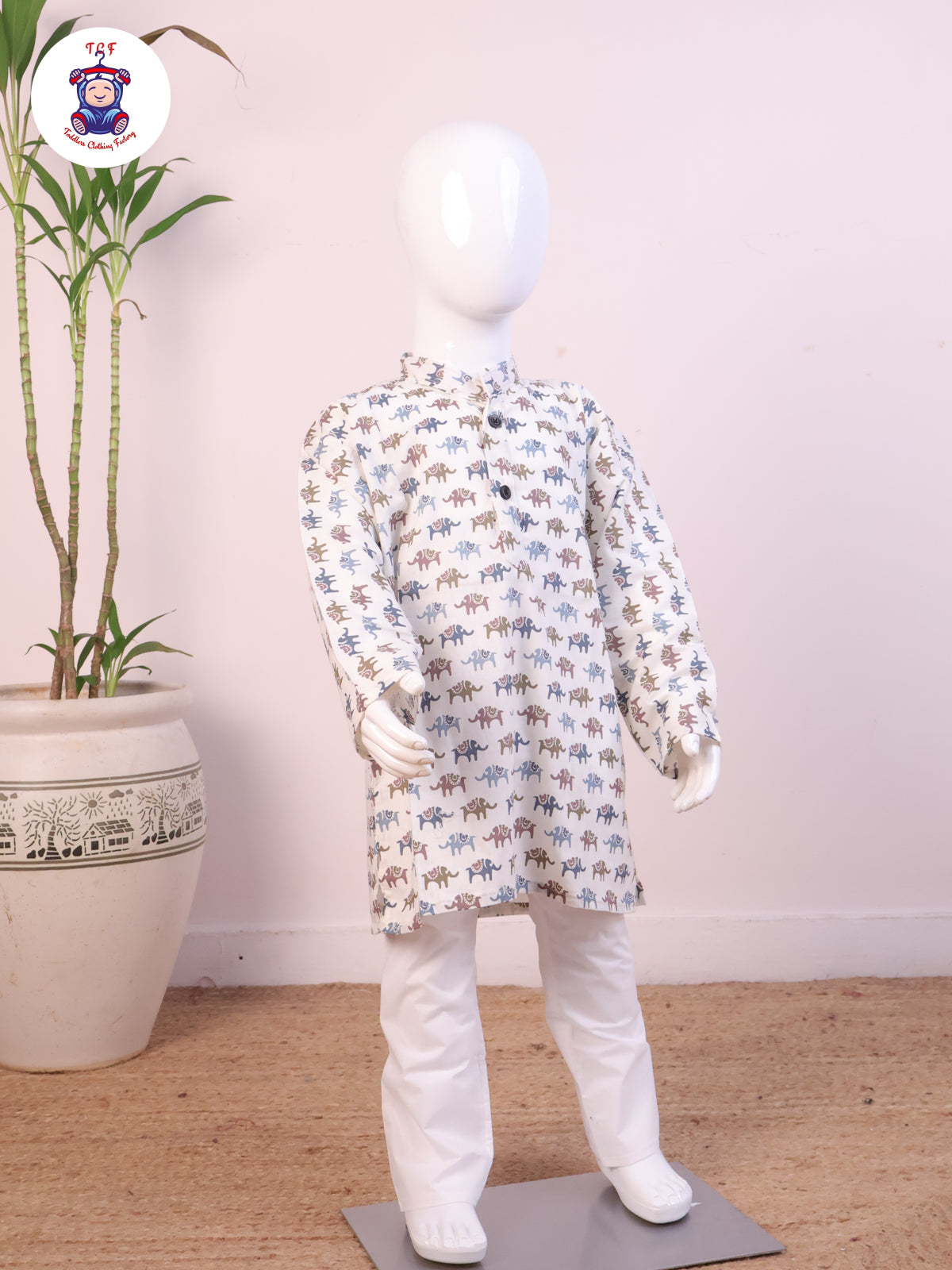 Brown - Boys Elephant Printed Kurta Sets