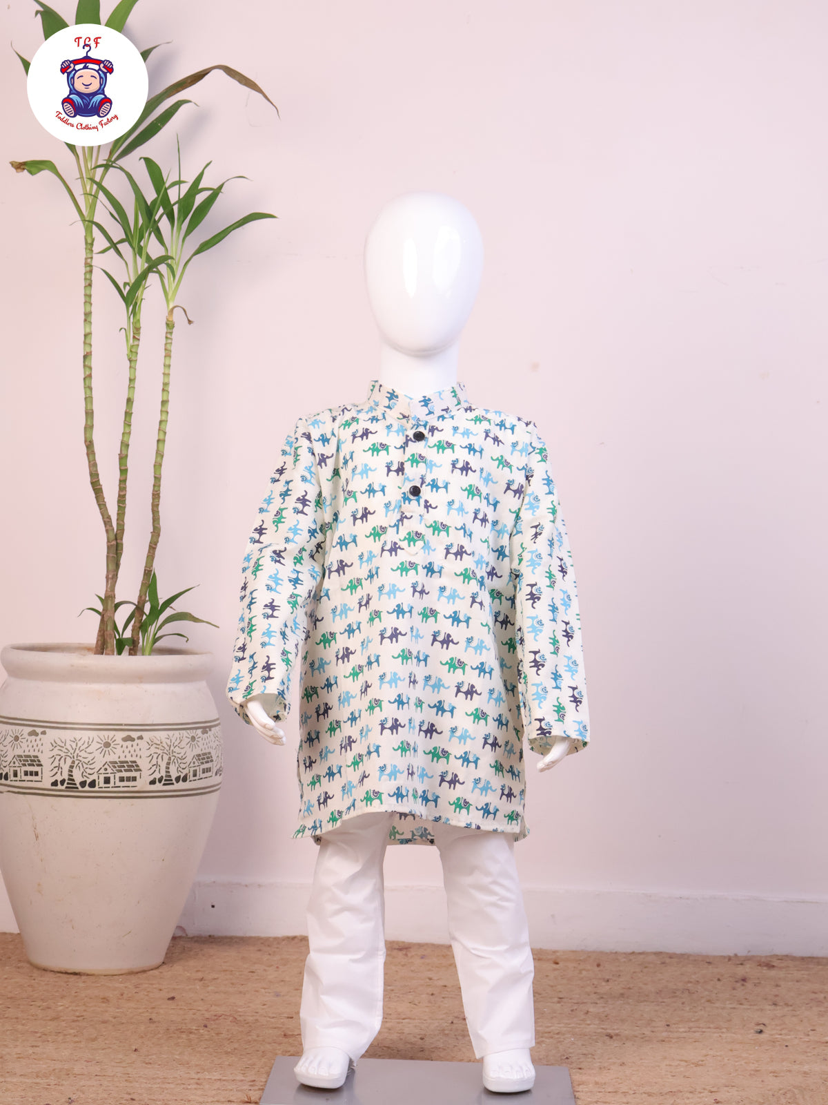 Blue - Boys Elephant Printed Kurta Sets