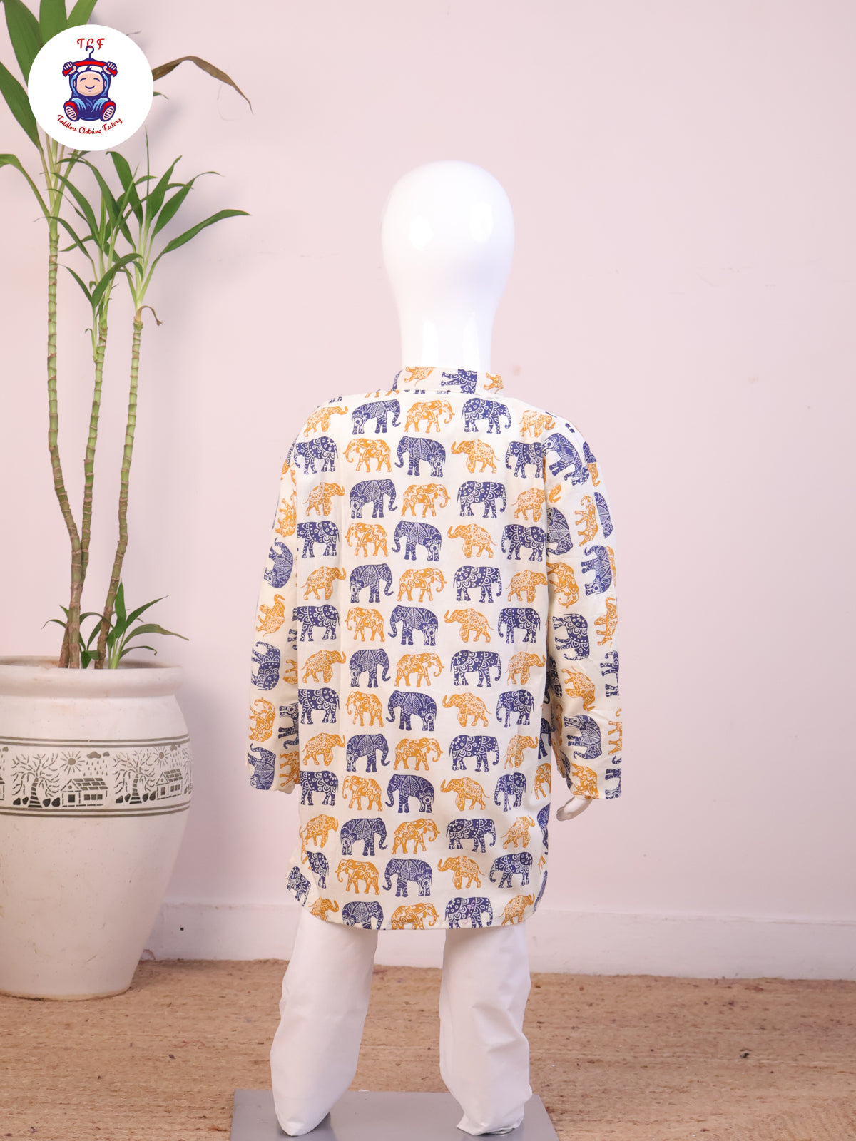 Navy Blue & Mustard - Boys Elephant Printed Kurta Sets