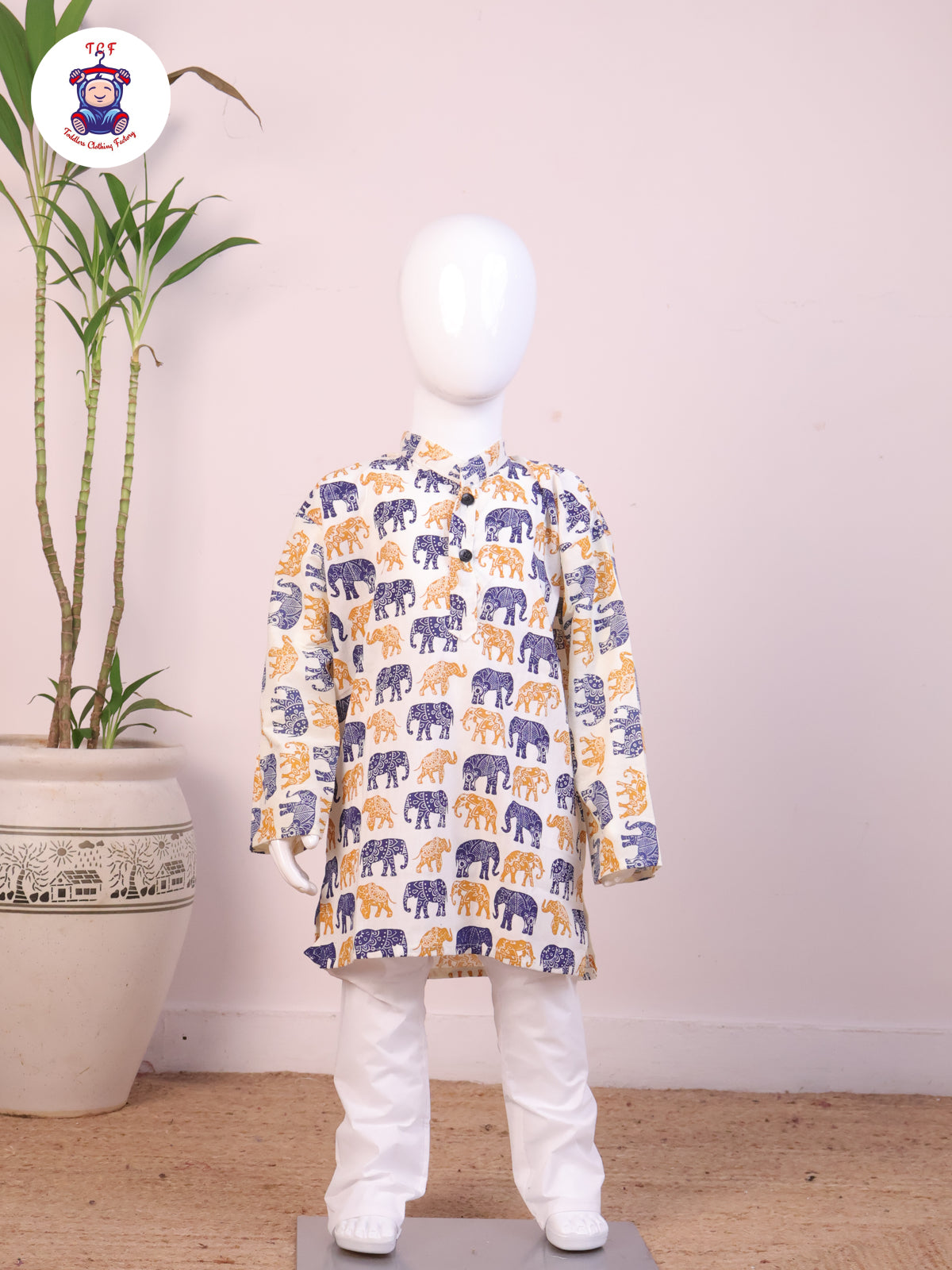 Navy Blue & Mustard - Boys Elephant Printed Kurta Sets