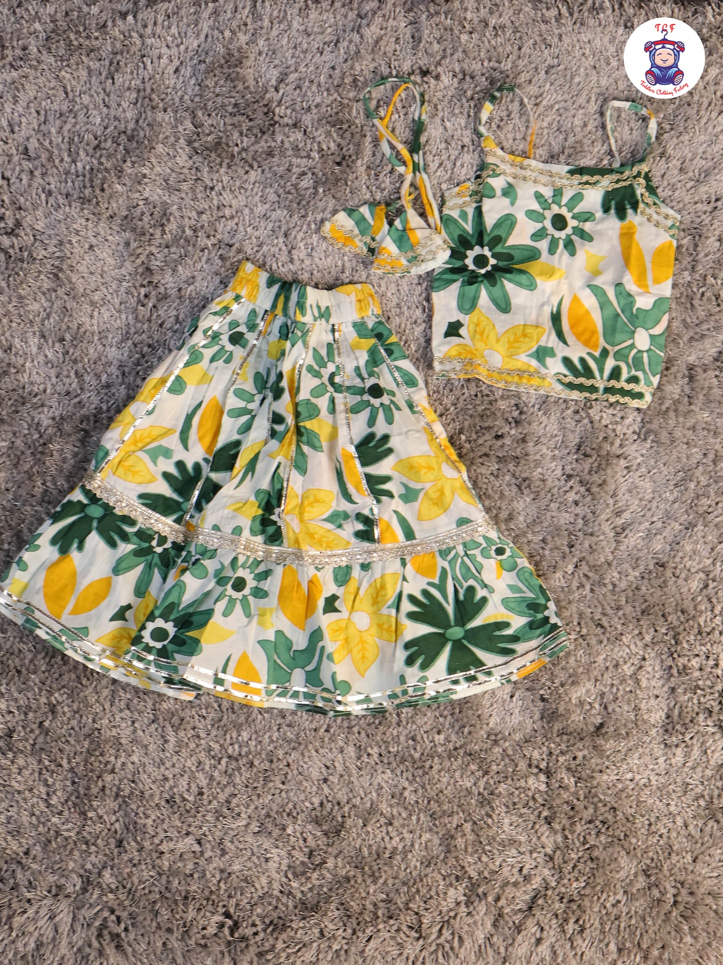 Green & White -Floral Printed Girls Lehenga Choli