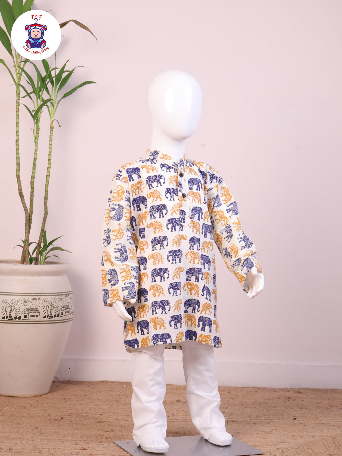 Navy Blue & Mustard - Boys Elephant Printed Kurta Sets