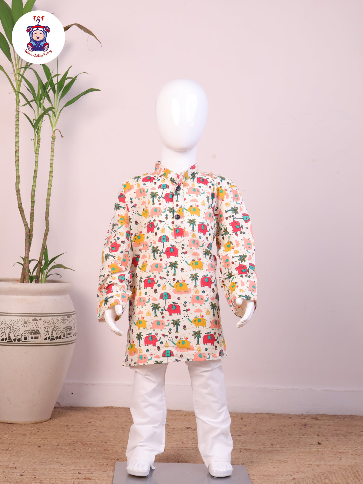 Red - Boys Elephant Printed Kurta Sets
