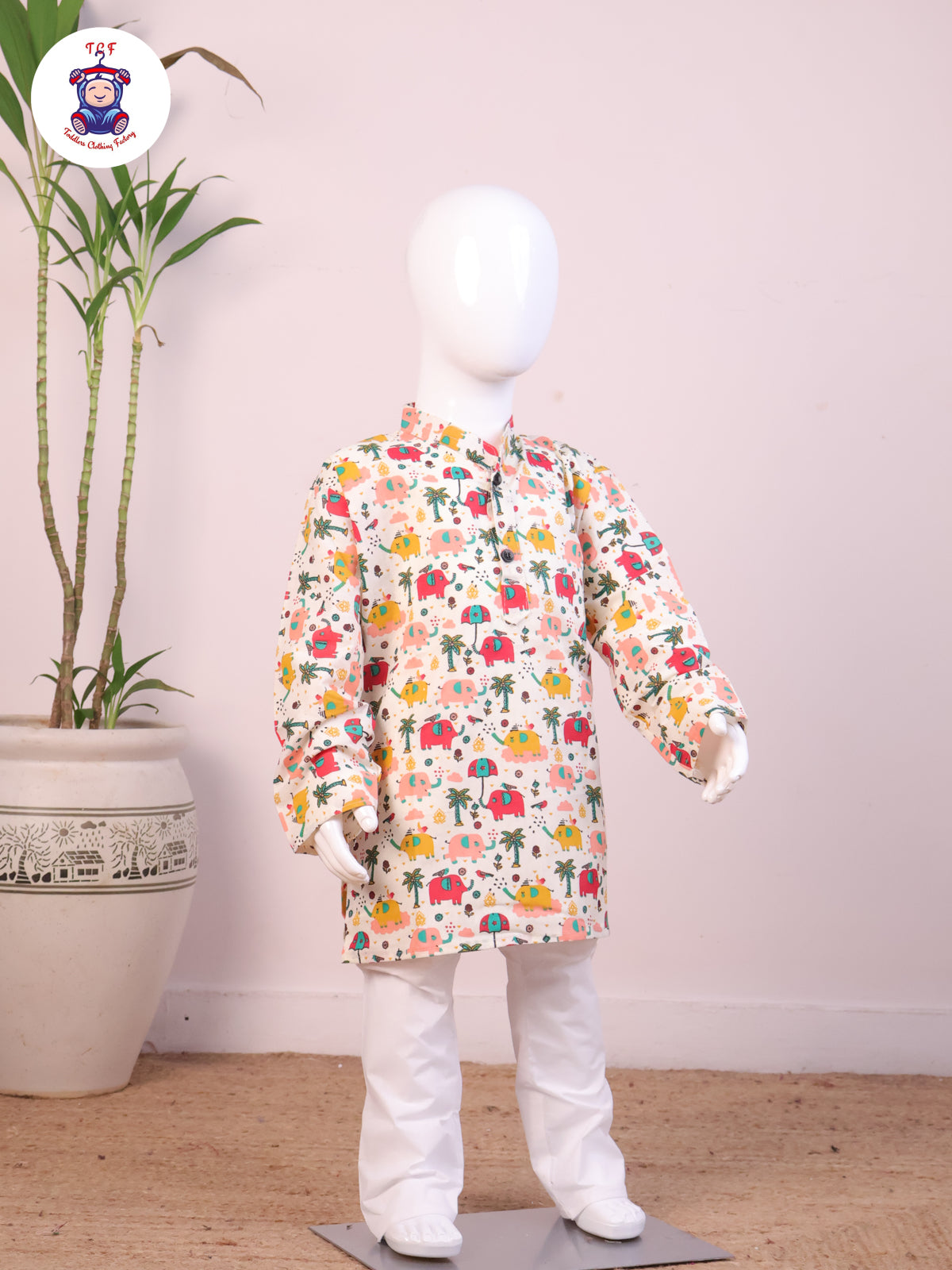 Red - Boys Elephant Printed Kurta Sets