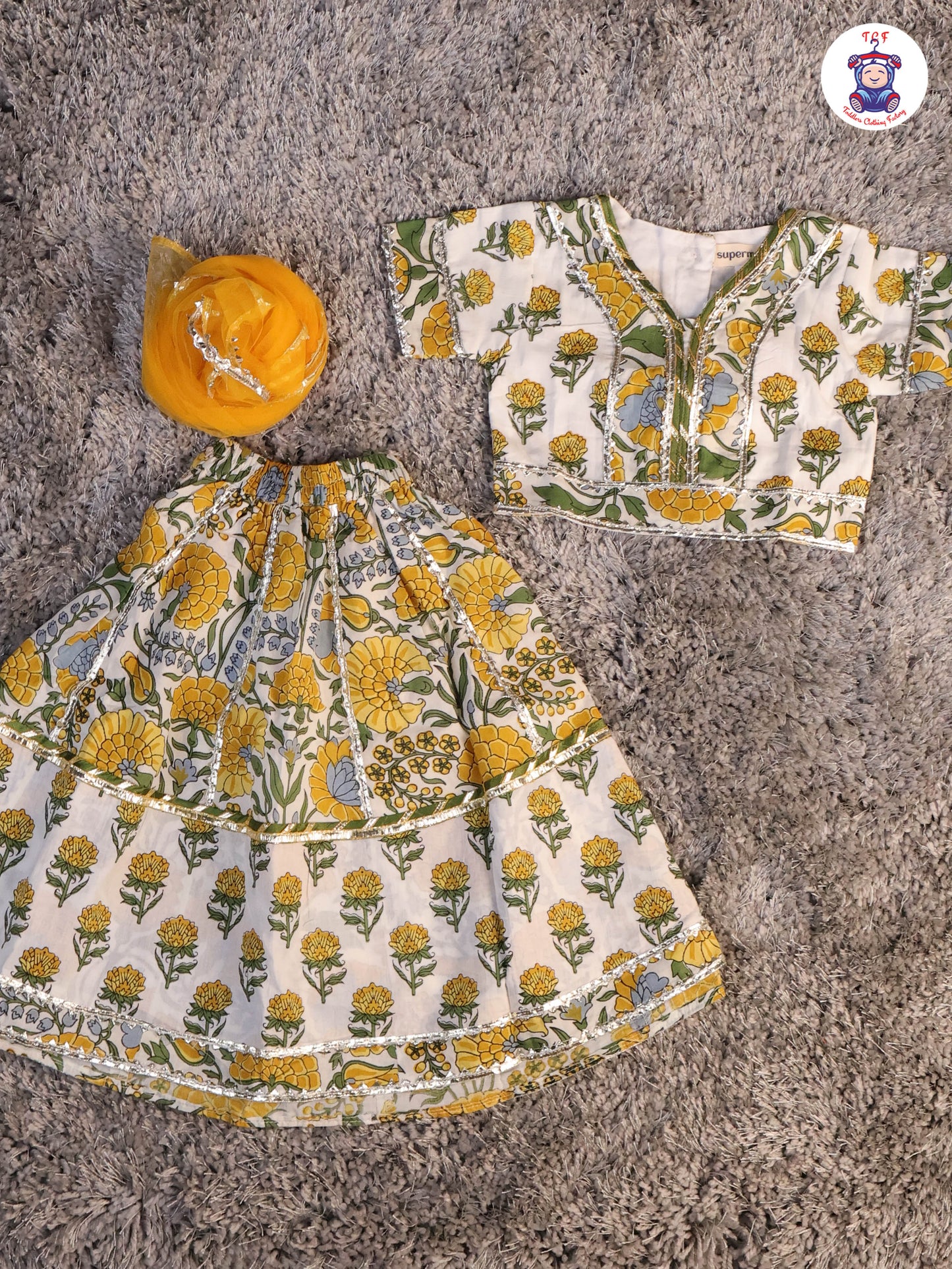 Yellow & White - Floral Printed Girls Lehenga Choli