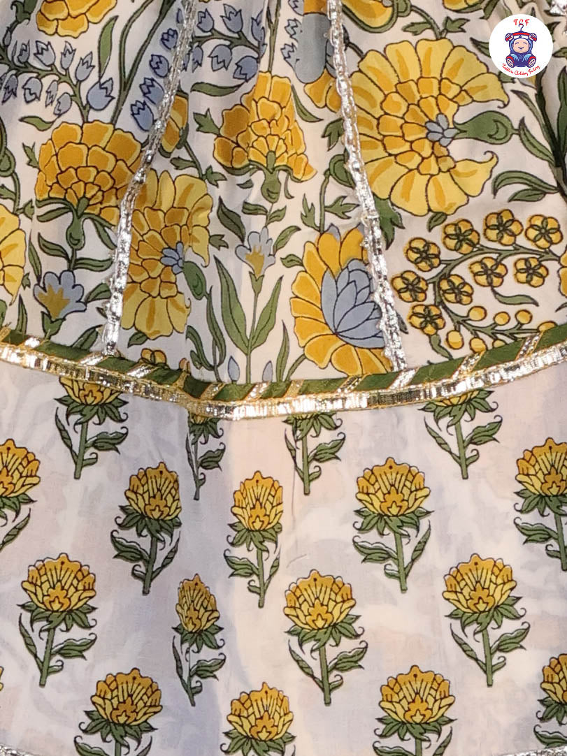 Yellow & White - Floral Printed Girls Lehenga Choli