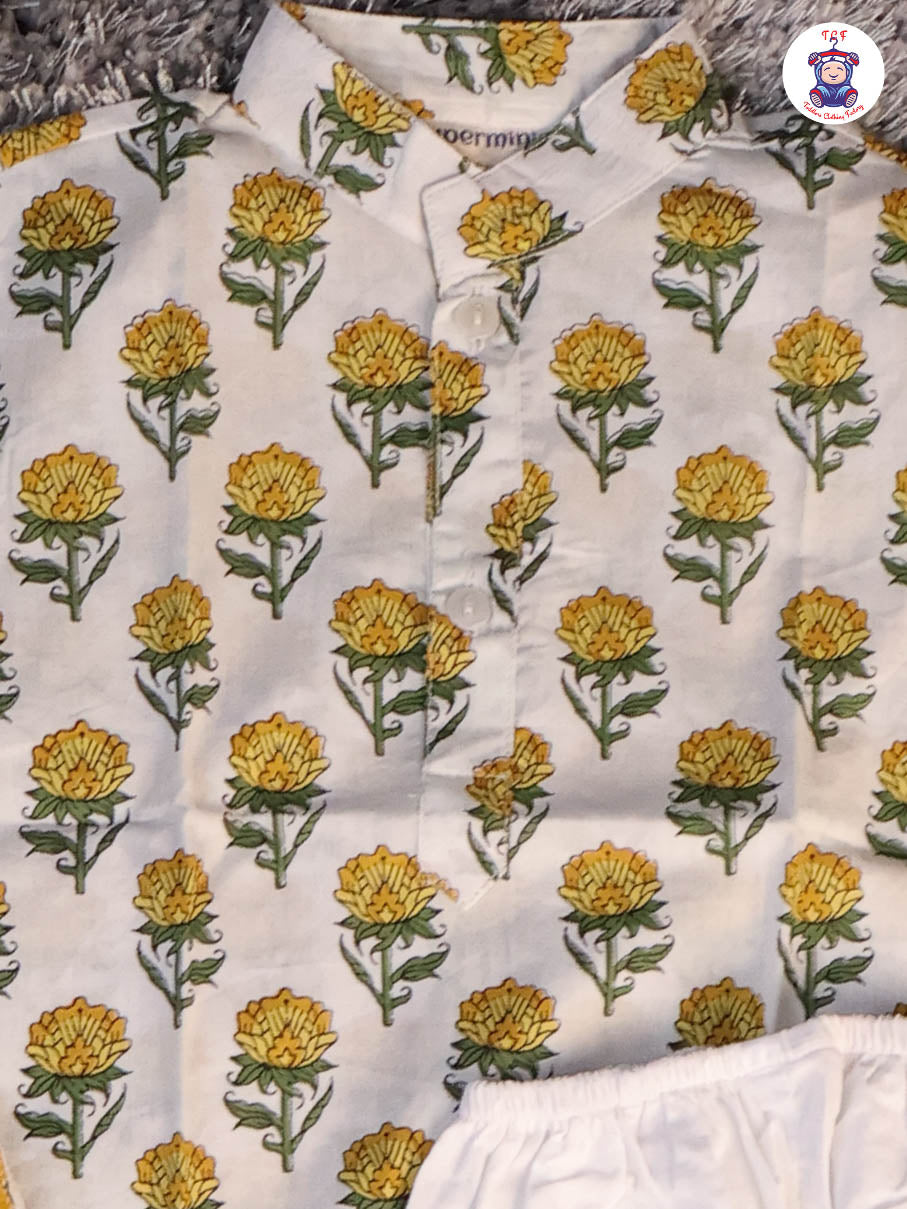 Yellow & White - Floral Printed Boys Readymade Kurta Sets