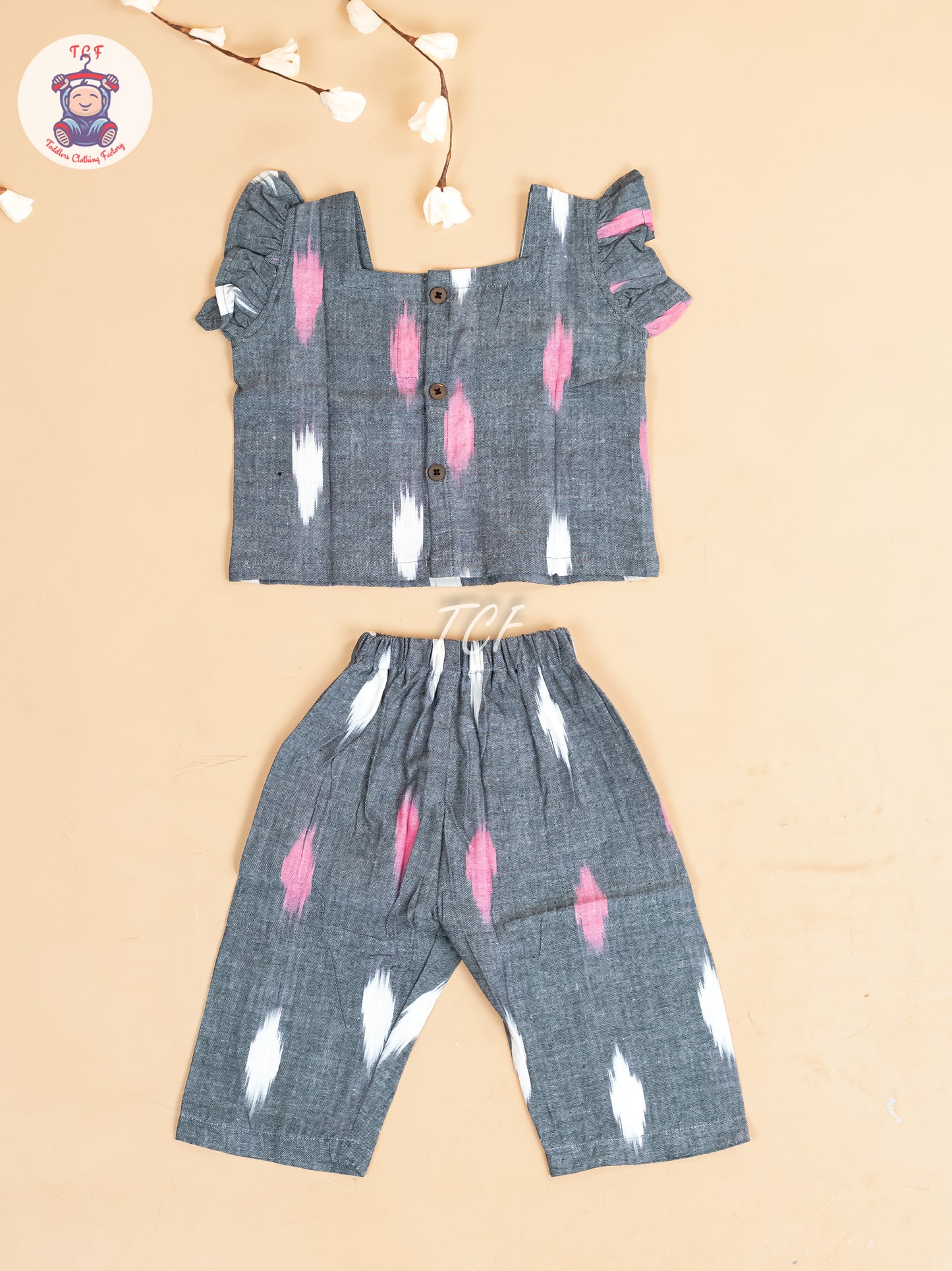 Grey - Girls Readymade Ikat Pyjama Sets