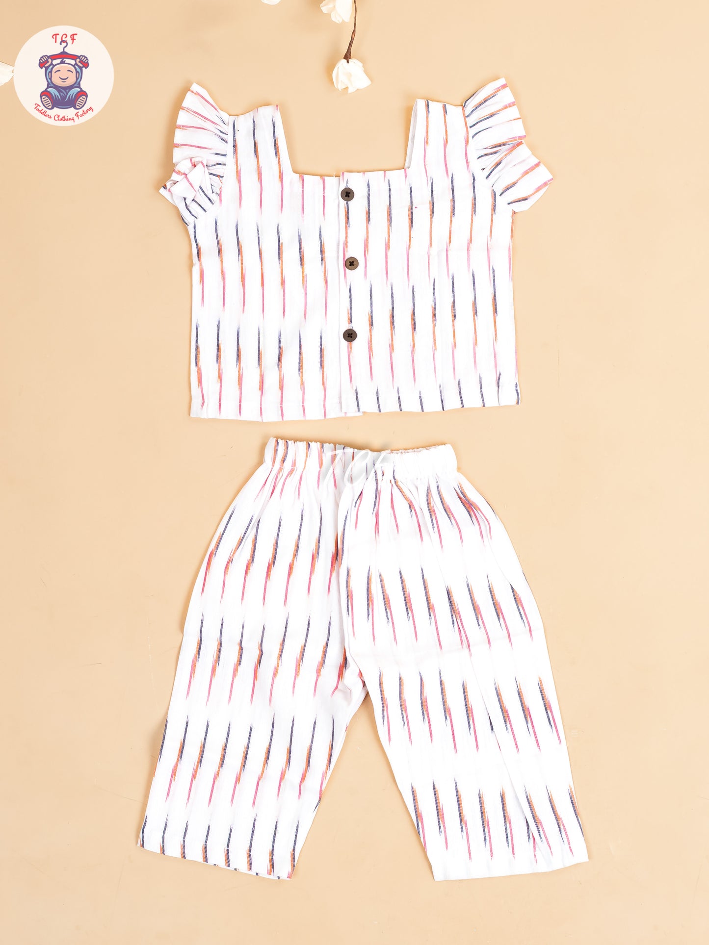 White - Girls Readymade Ikat Pyjama Sets