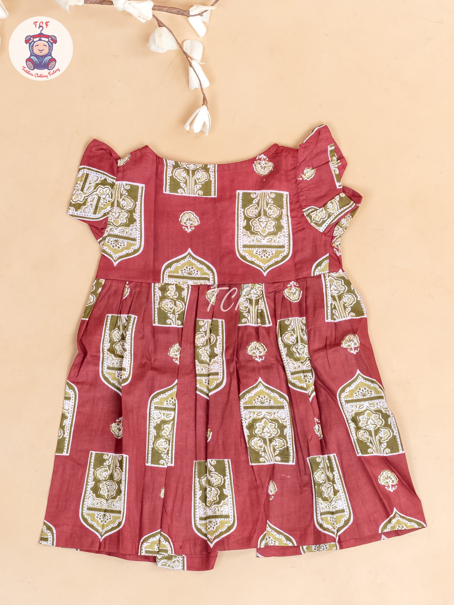 Maroon & Grey Ajrakh Printed - Girls Readymade Jaipuri Cotton Frocks