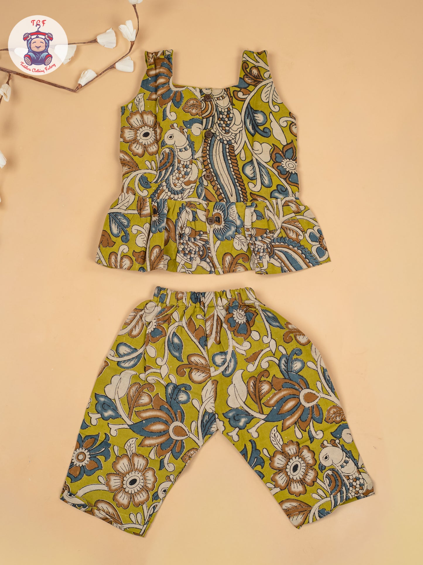 Light Green - Girls Floral Printed Kalamkari Co-ords Sets