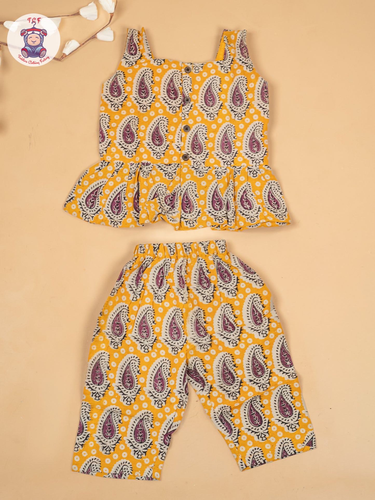 Yellow - Girls Ajrakh Printed Kalamkari Co-ords Sets