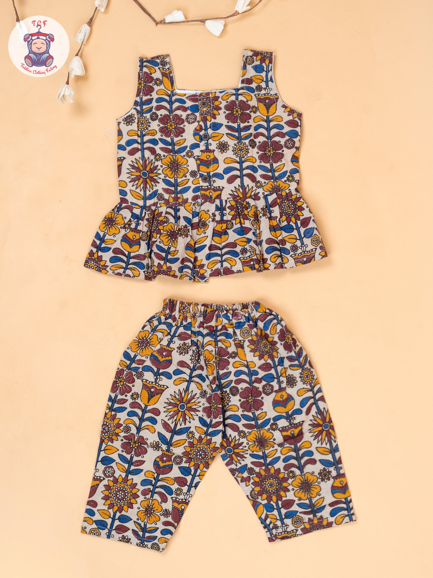 White - Girls Floral Printed Kalamkari Co-ords Sets