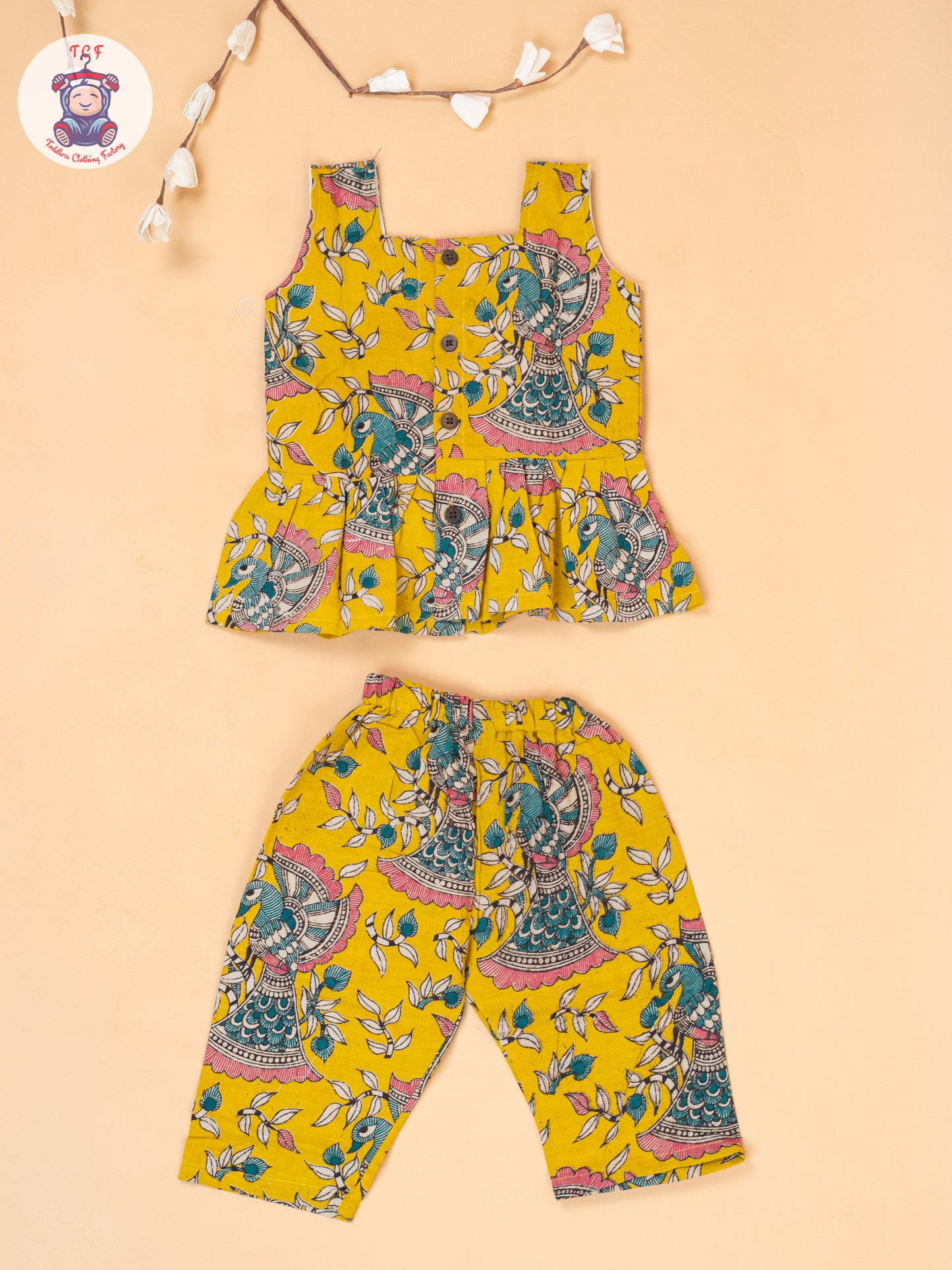 Mustard - Girls Floral Printed Kalamkari Co-ords Sets