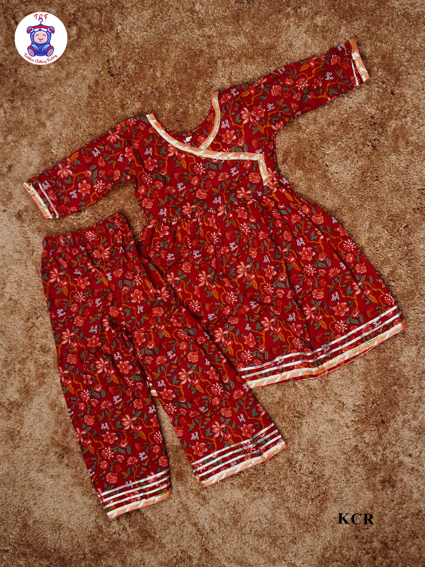 Rusty Brown - Floral Printed V-Neck Kurti Set