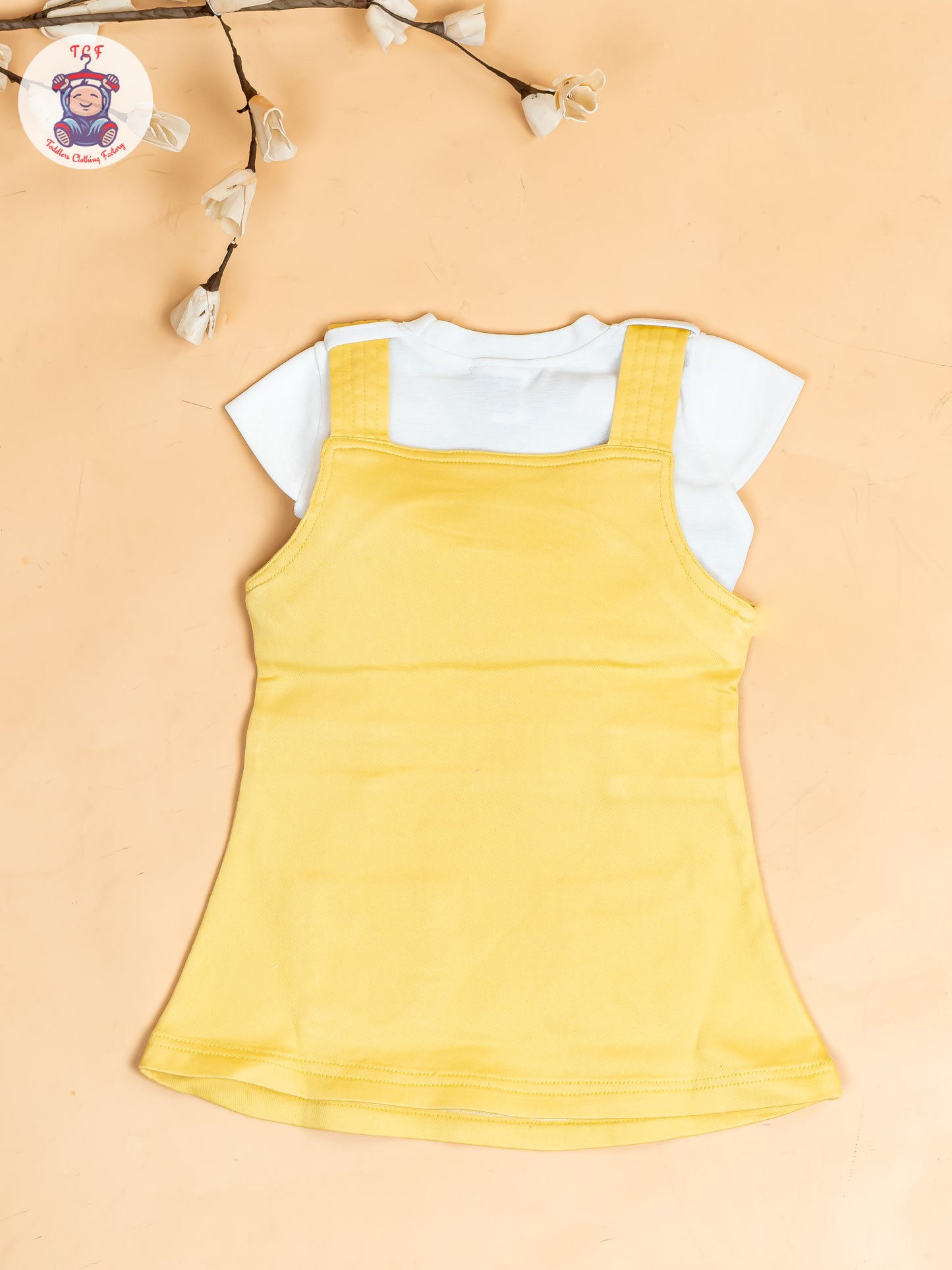 White & Lemon Yellow - Girls Applique Dungaree With T-Shirt