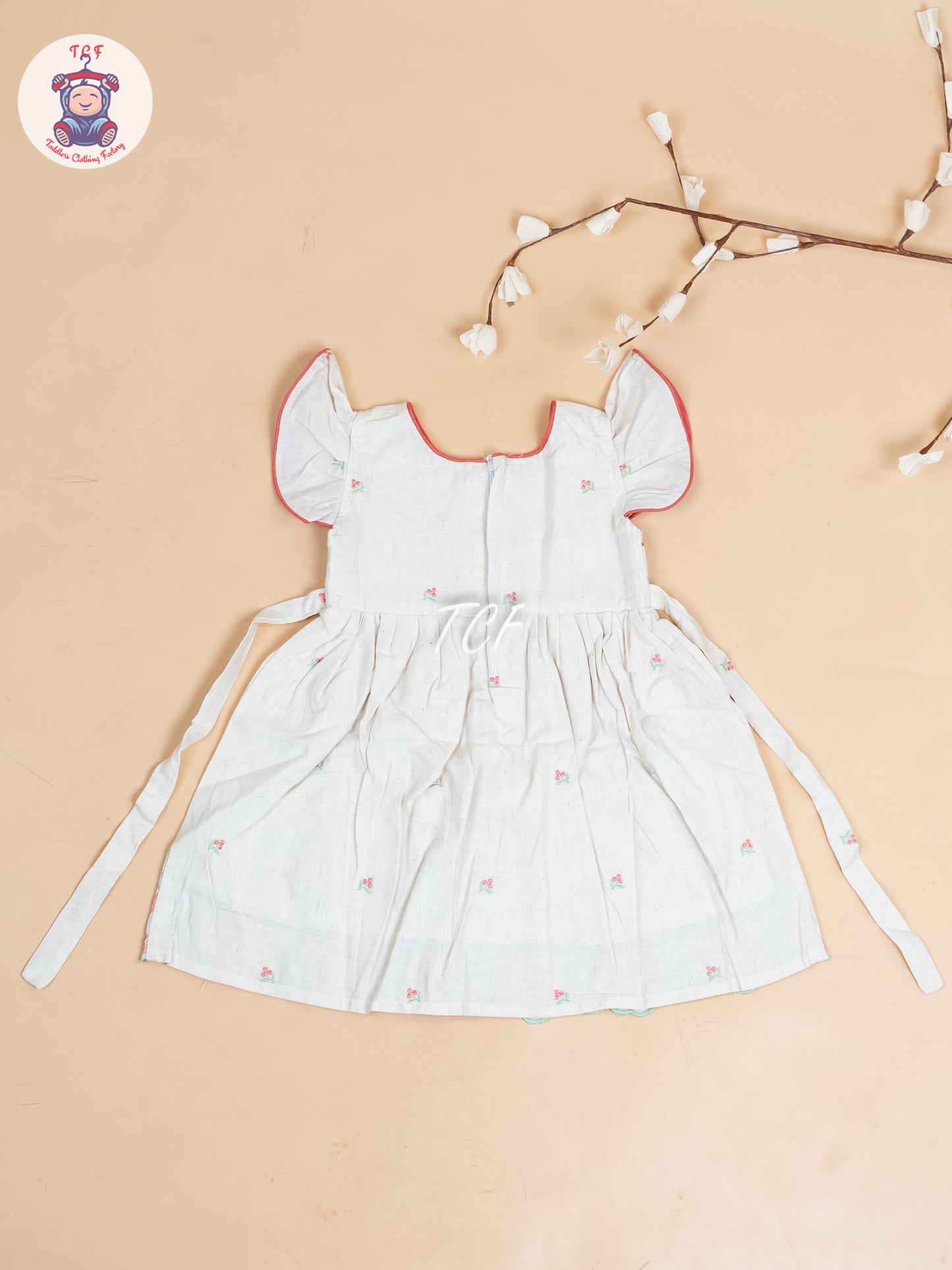 Cream & Red Embroidered - Girls Readymade Cotton Frocks