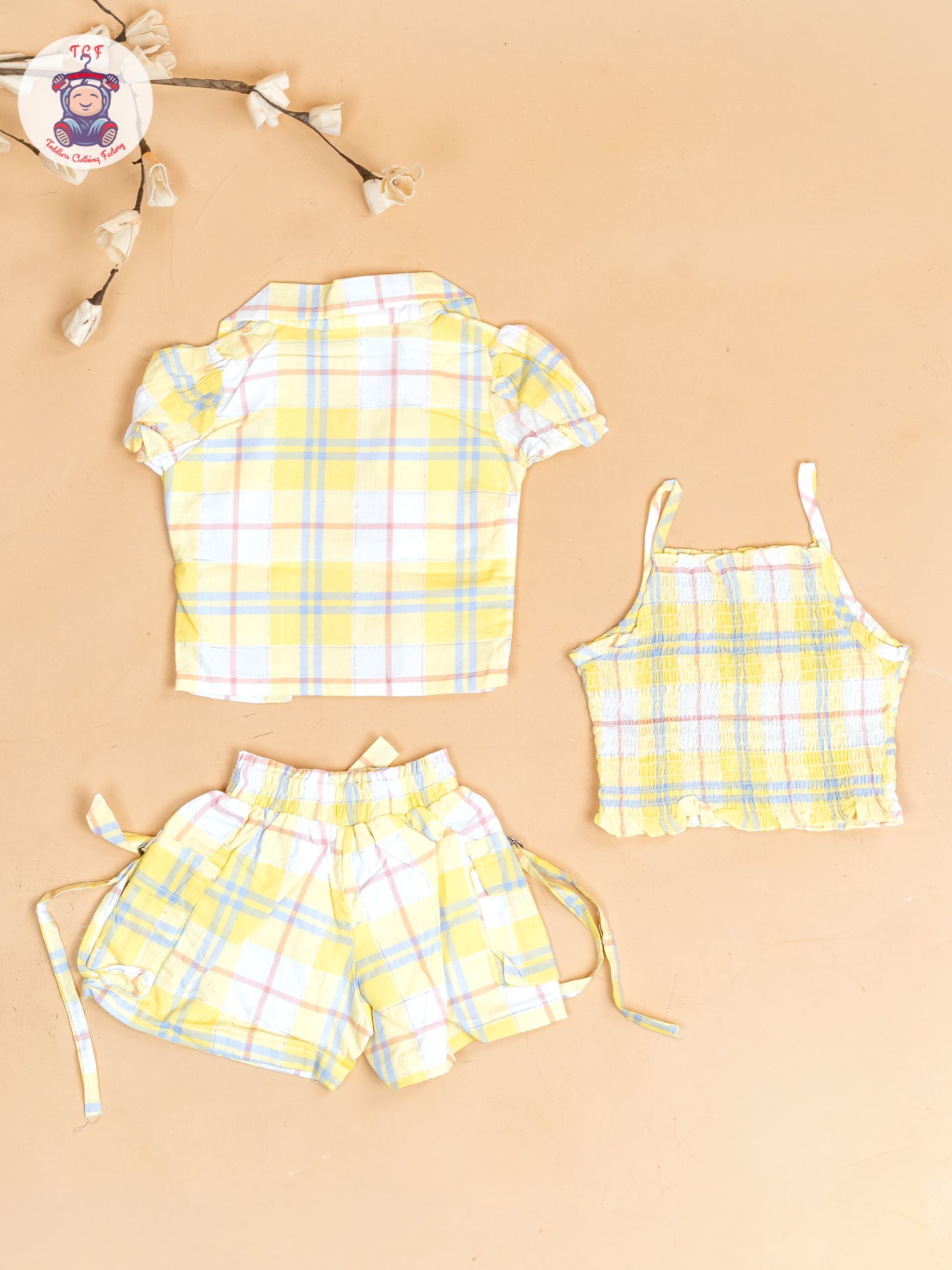 Yellow & Grey - Girls Checks Printed Crop Top & Shorts With Over Coat