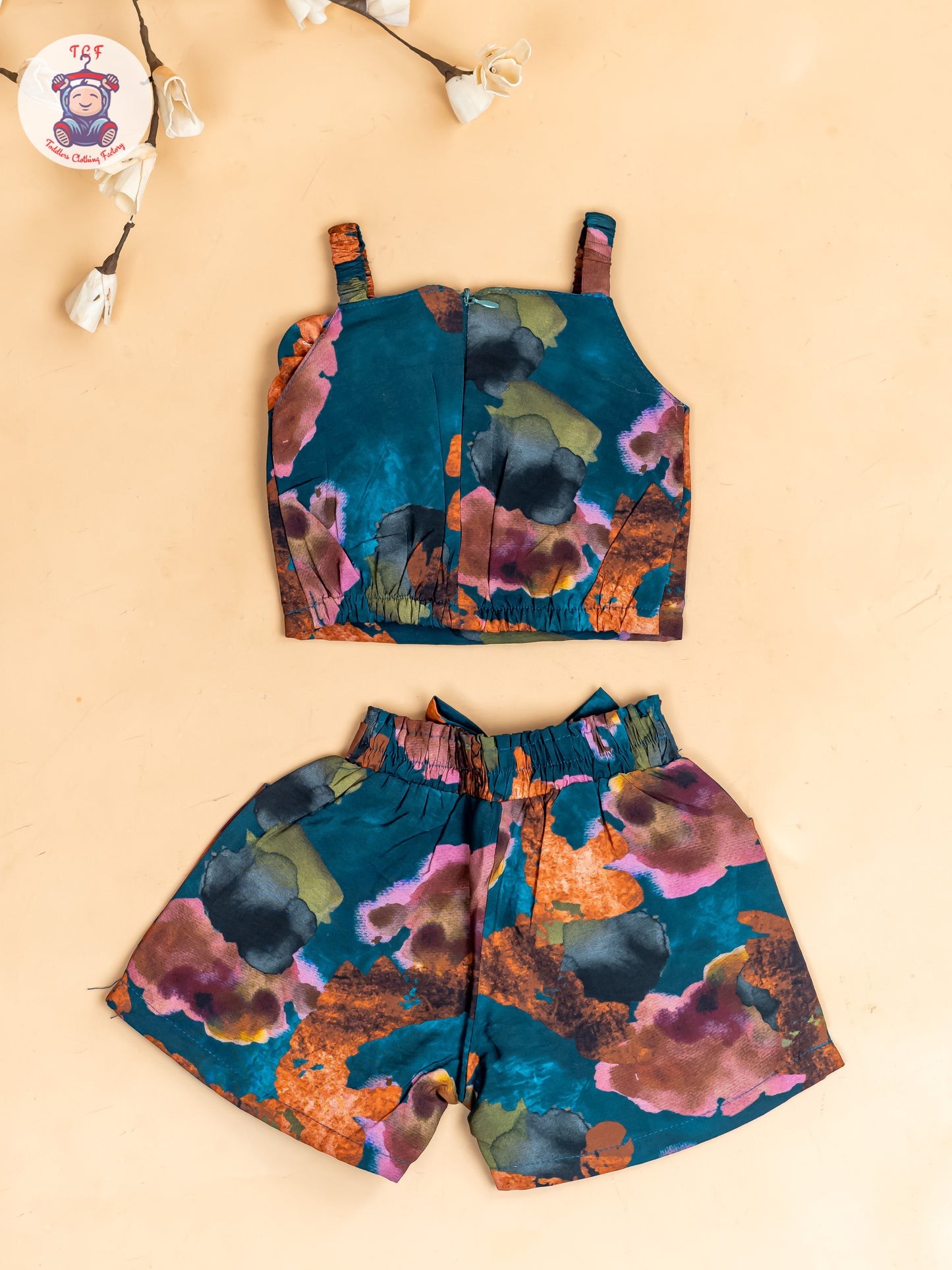 Light Green - Girls Floral Printed Crop Top & Shorts