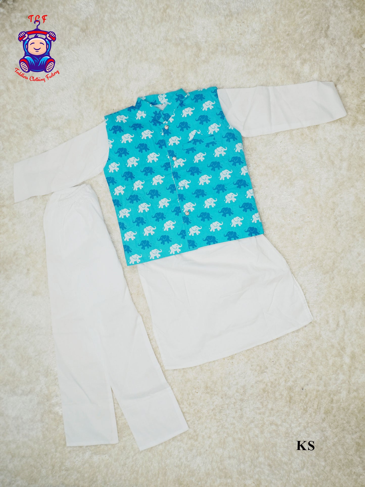 White Kurta With Sky Blue Jacket and Plant