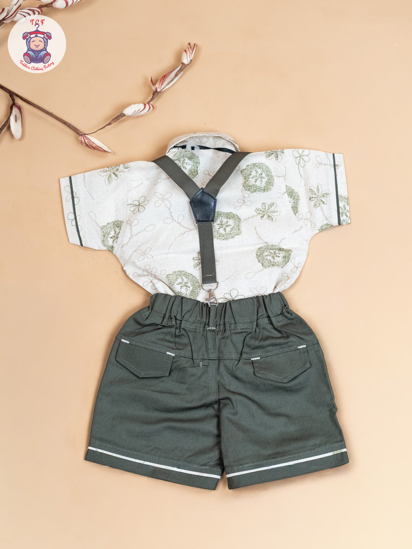 Cream & Green - Half Sleeves Shirts & Shorts Set With Suspender & Bow
