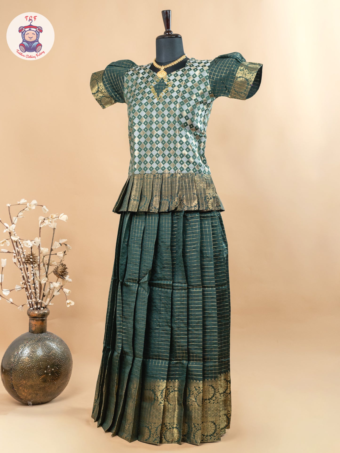 Bottle Green - Girls Readymade Cotton Pavadai Sattai