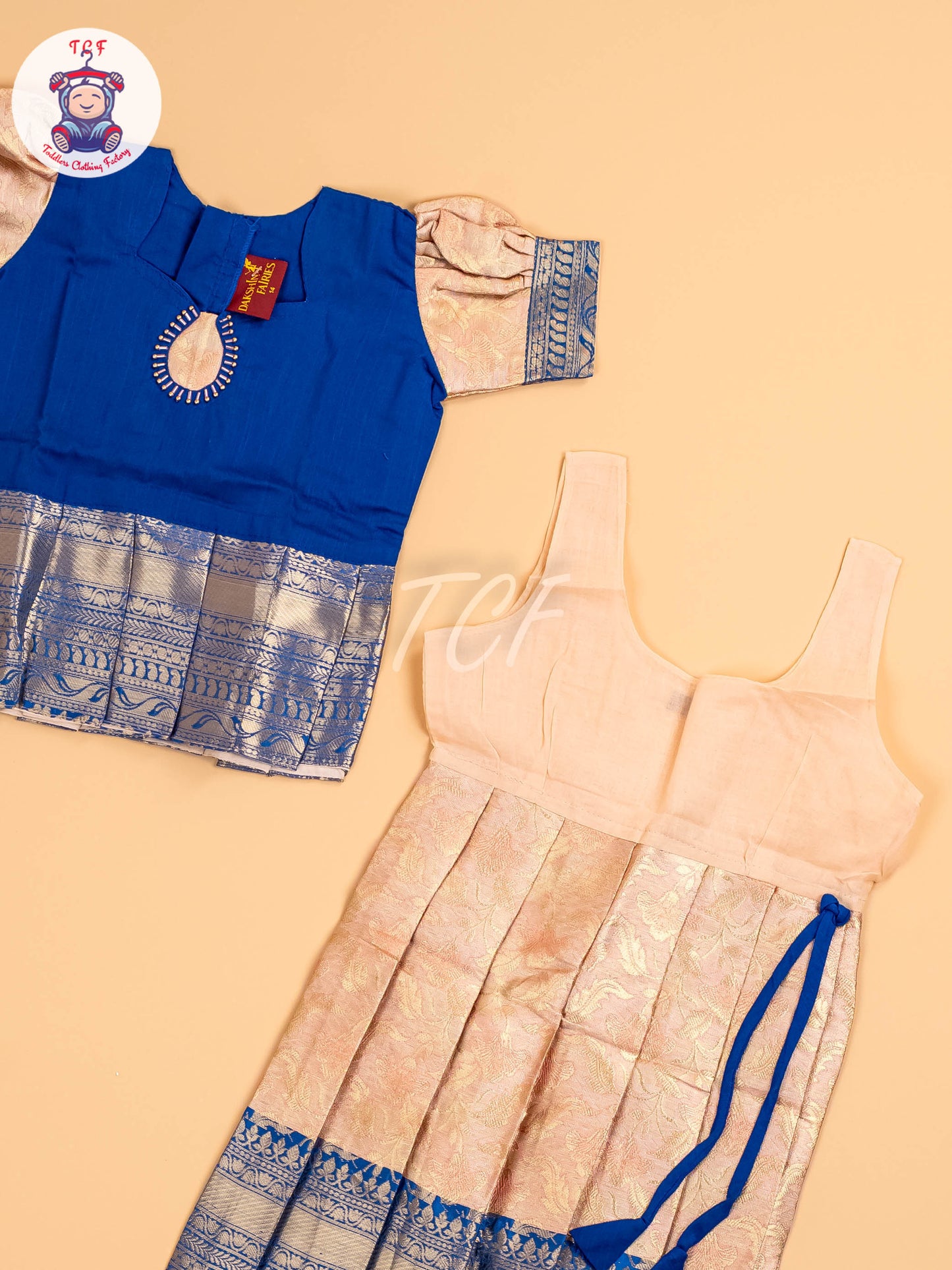 Royal Blue & Peach - Two Tone Printed Pavadai Sattai