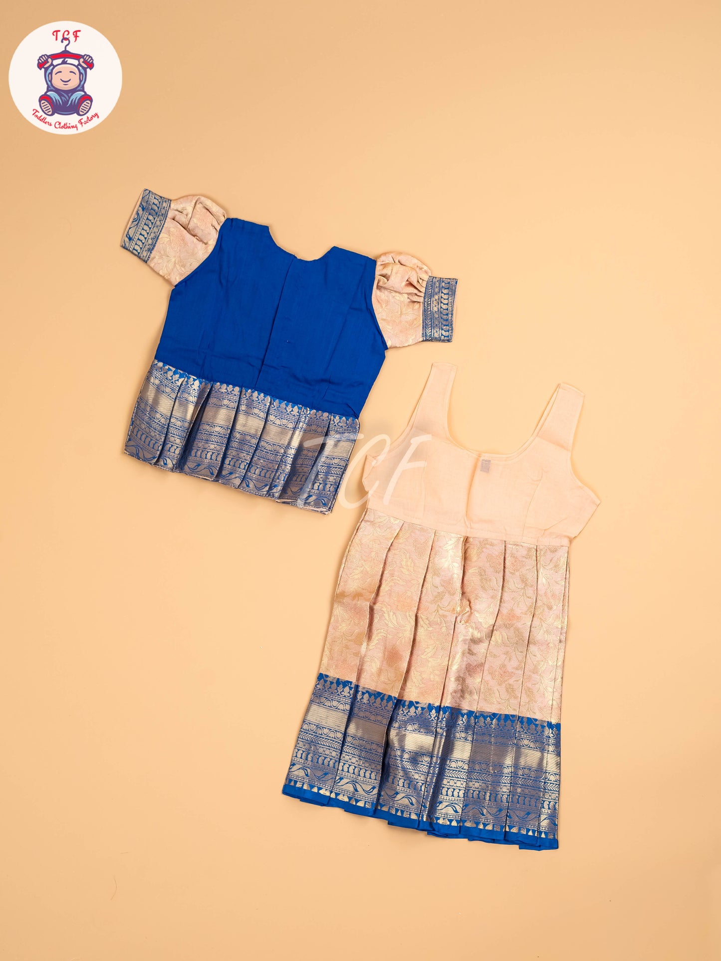 Royal Blue & Peach - Two Tone Printed Pavadai Sattai