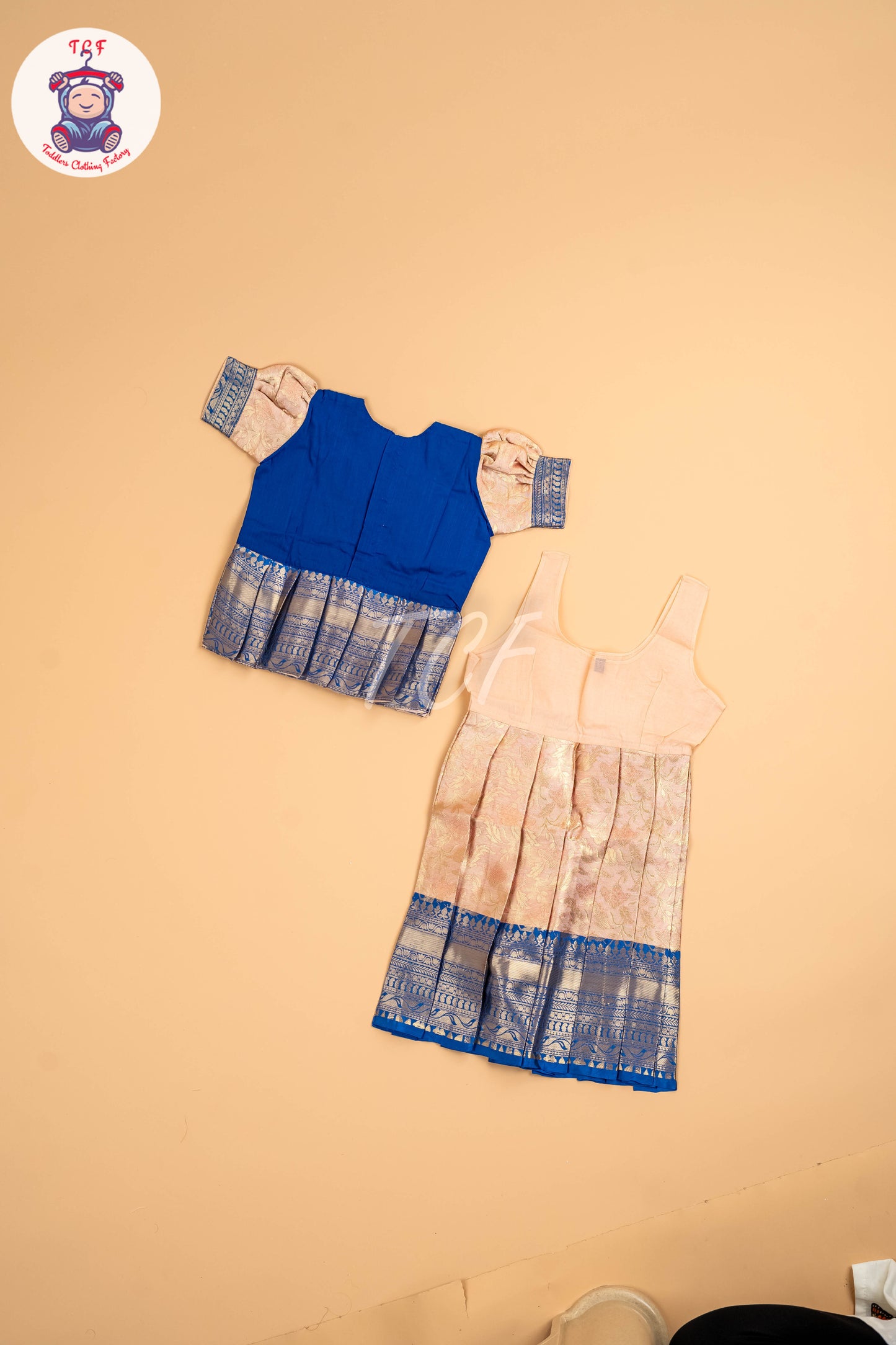 Royal Blue & Peach - Two Tone Printed Pavadai Sattai