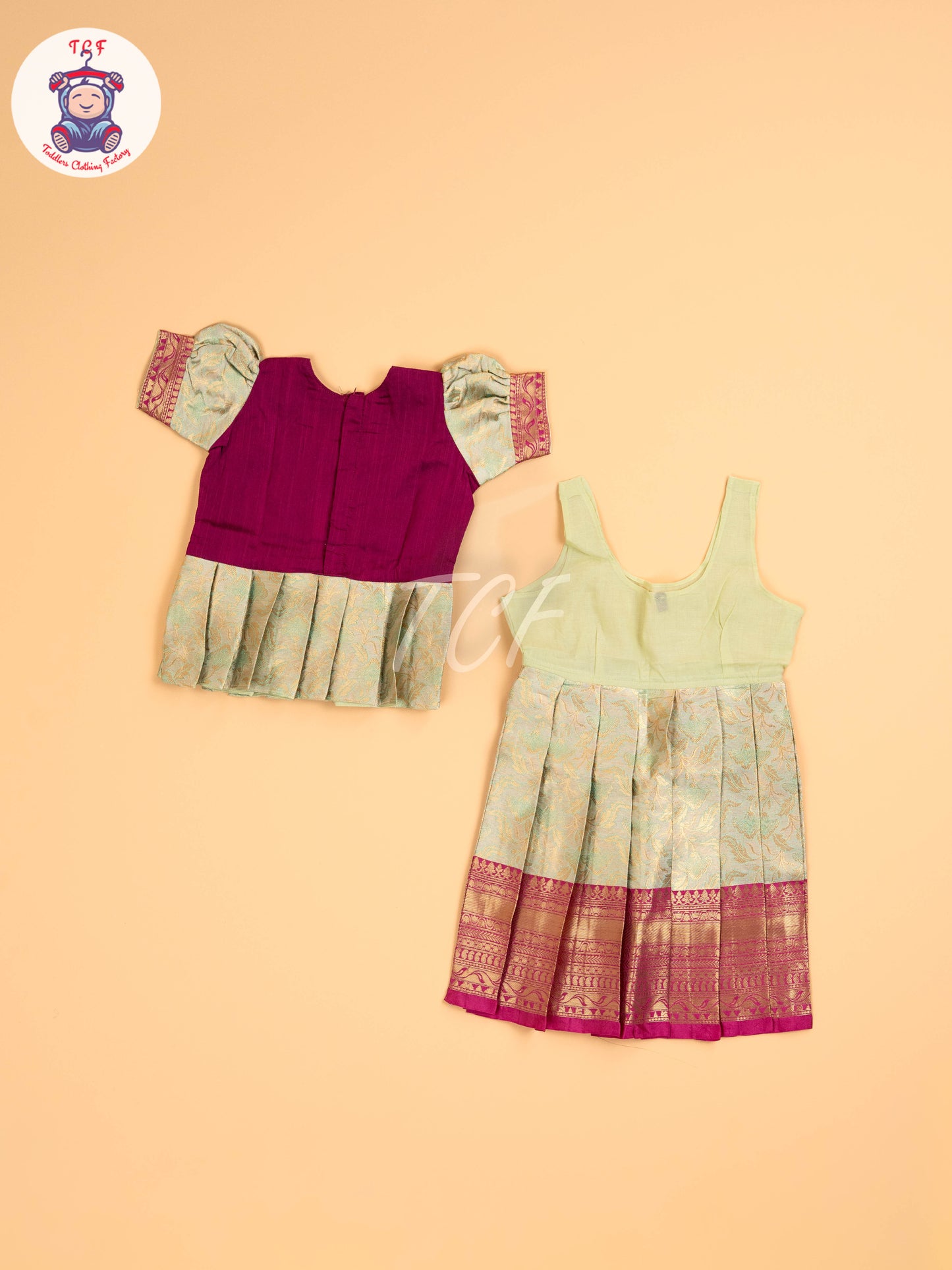 Majentha & Light Green - Two Tone Printed Pavadai Sattai
