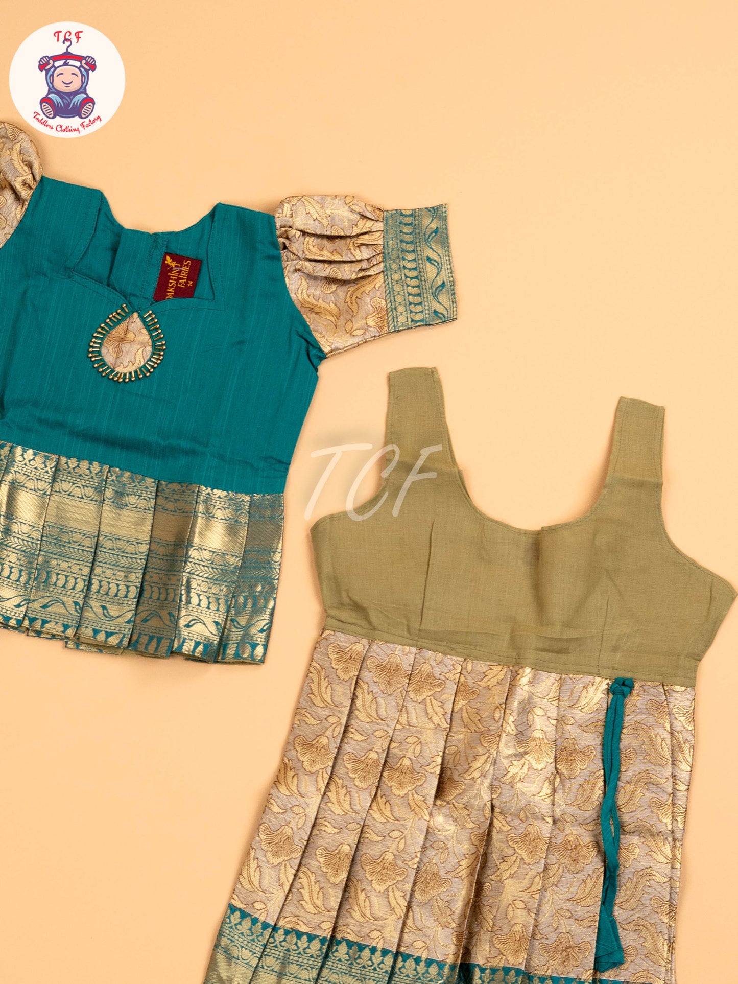 Peacock Green & Cream - Two Tone Printed Pavadai Sattai