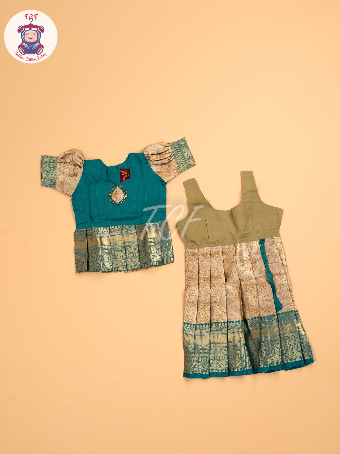 Peacock Green & Cream - Two Tone Printed Pavadai Sattai